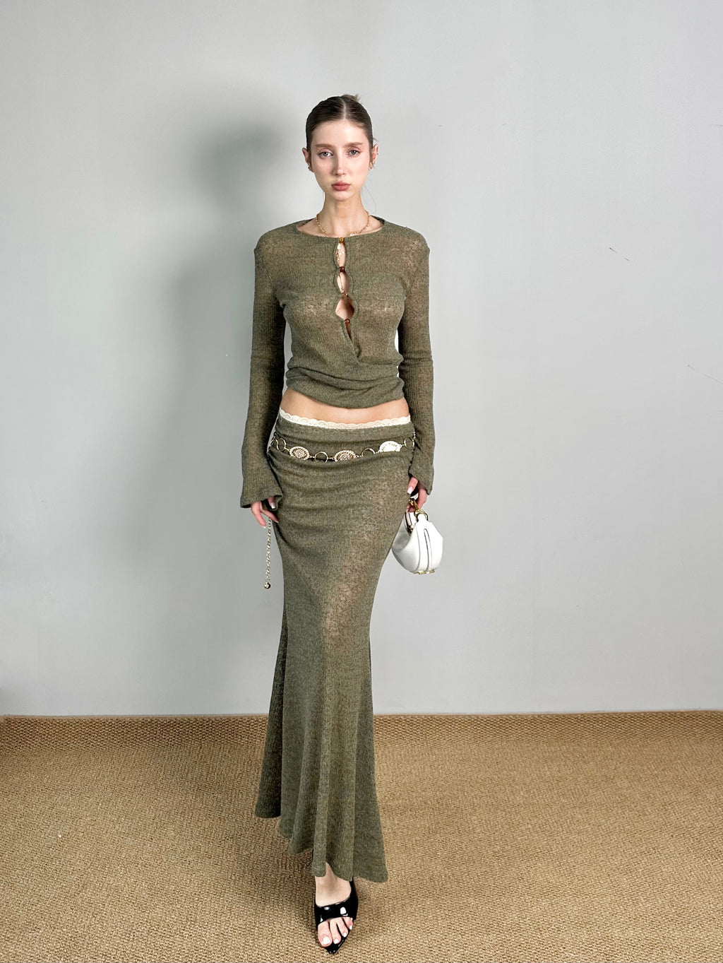 Jqwention 2026SS “Emerald Wonderland” Slim-Fit Moss Green Knit Set with Patchwork Design