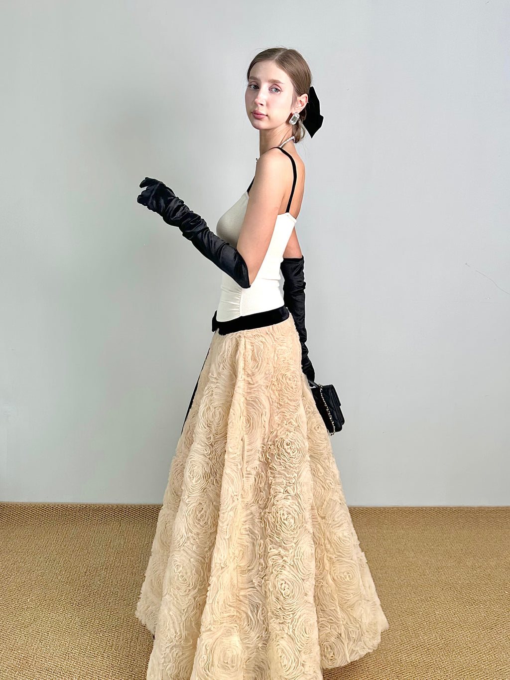 Jqwention 2026SS Sculpted Maxi Dress – Spaghetti Strap Bodice with Textured Floral A-Line Skirt, Elegant & Timeless