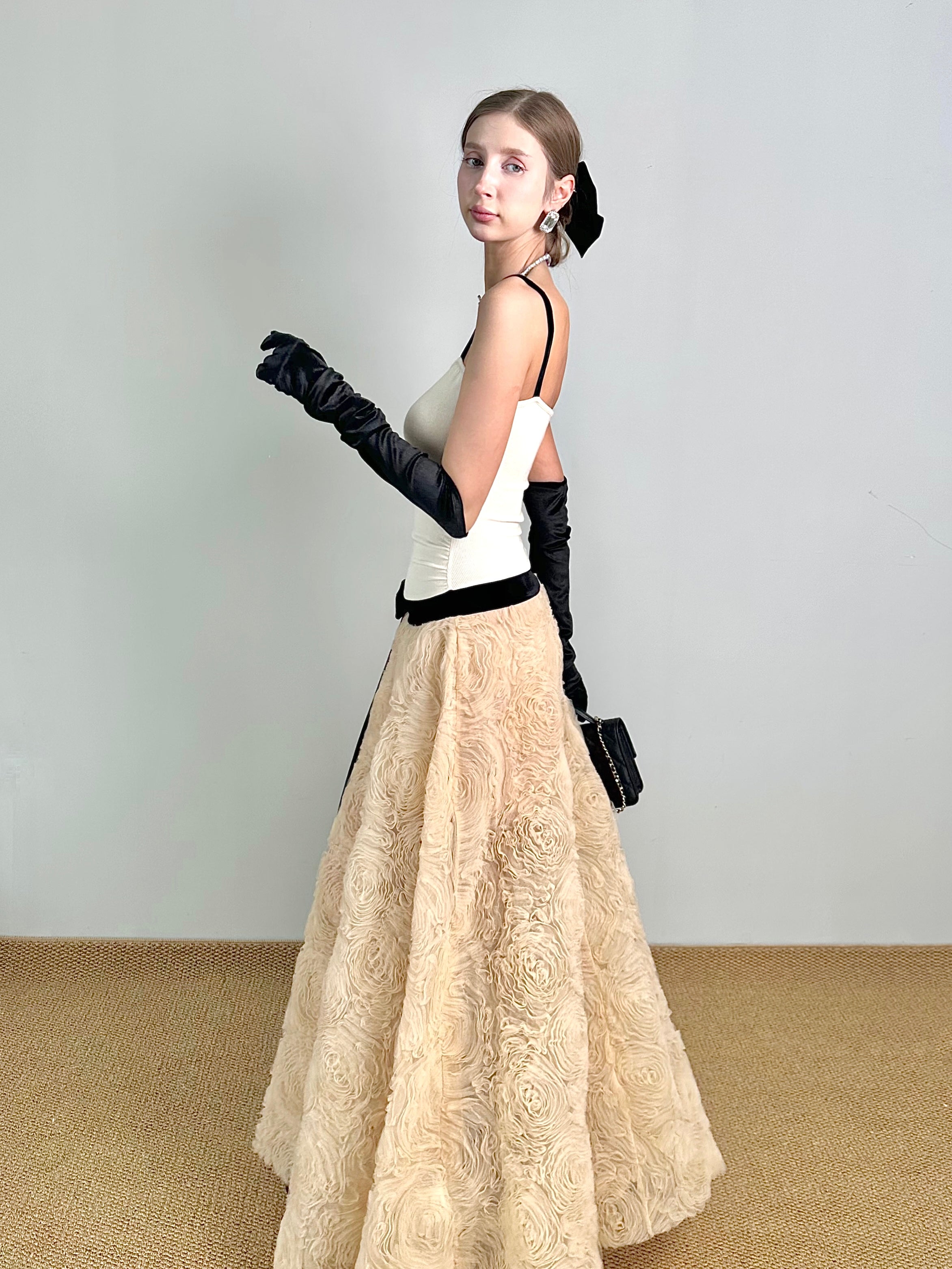 Jqwention 2026SS Sculpted Maxi Dress – Spaghetti Strap Bodice with Textured Floral A-Line Skirt, Elegant & Timeless