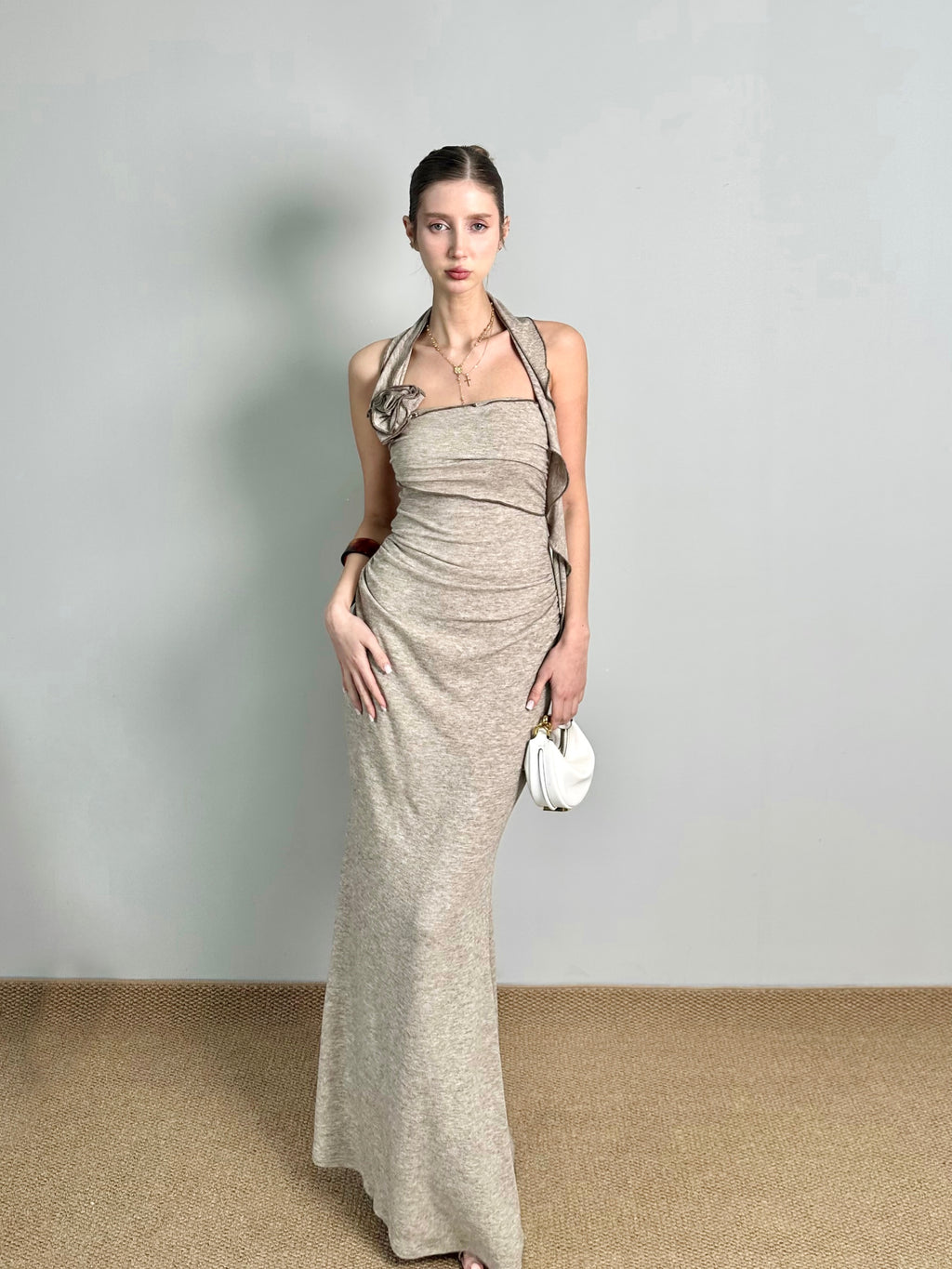 JQWENTION Ruched Strapless Maxi Dress with Detachable Scarf Detail (2026 SS)
