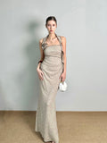 JQWENTION Ruched Strapless Maxi Dress with Detachable Scarf Detail (2026 SS)