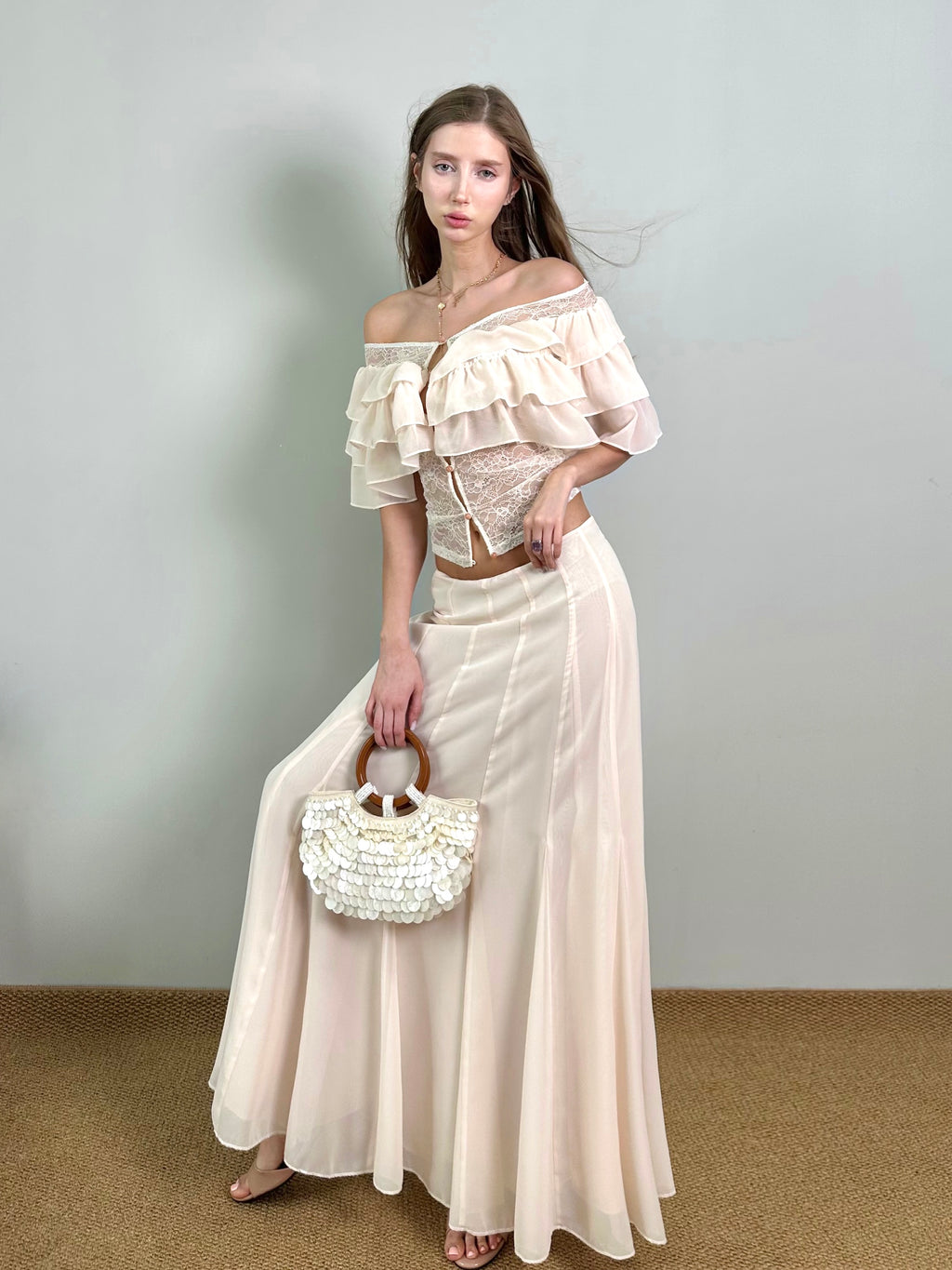 Jqwention 2026 Spring/Summer Blush Pink Off-Shoulder Ruffle Slim-Fit Maxi Dress Set (2-Piece, Flattering Fit)