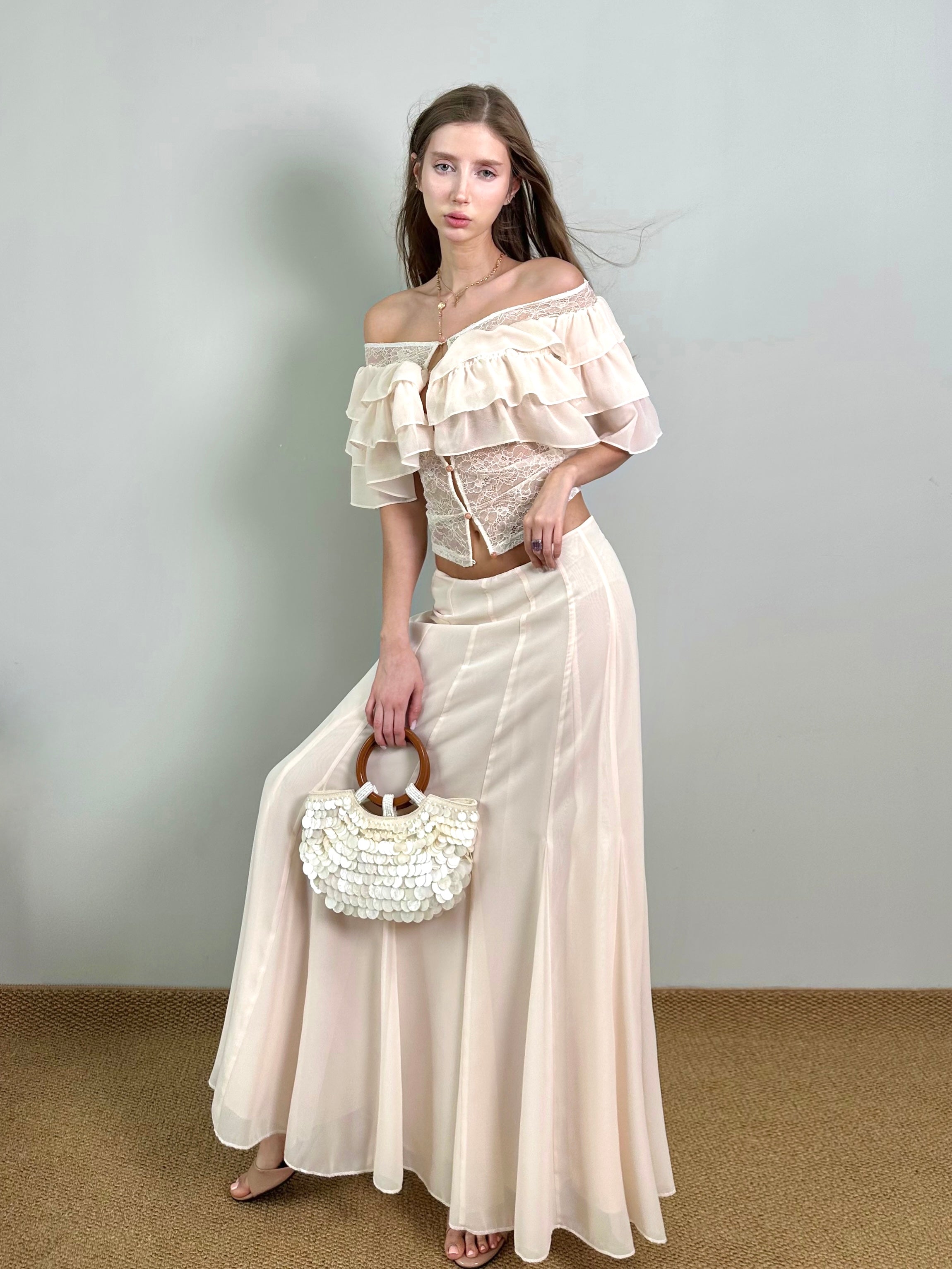 Jqwention 2026 Spring/Summer Blush Pink Off-Shoulder Ruffle Slim-Fit Maxi Dress Set (2-Piece, Flattering Fit)