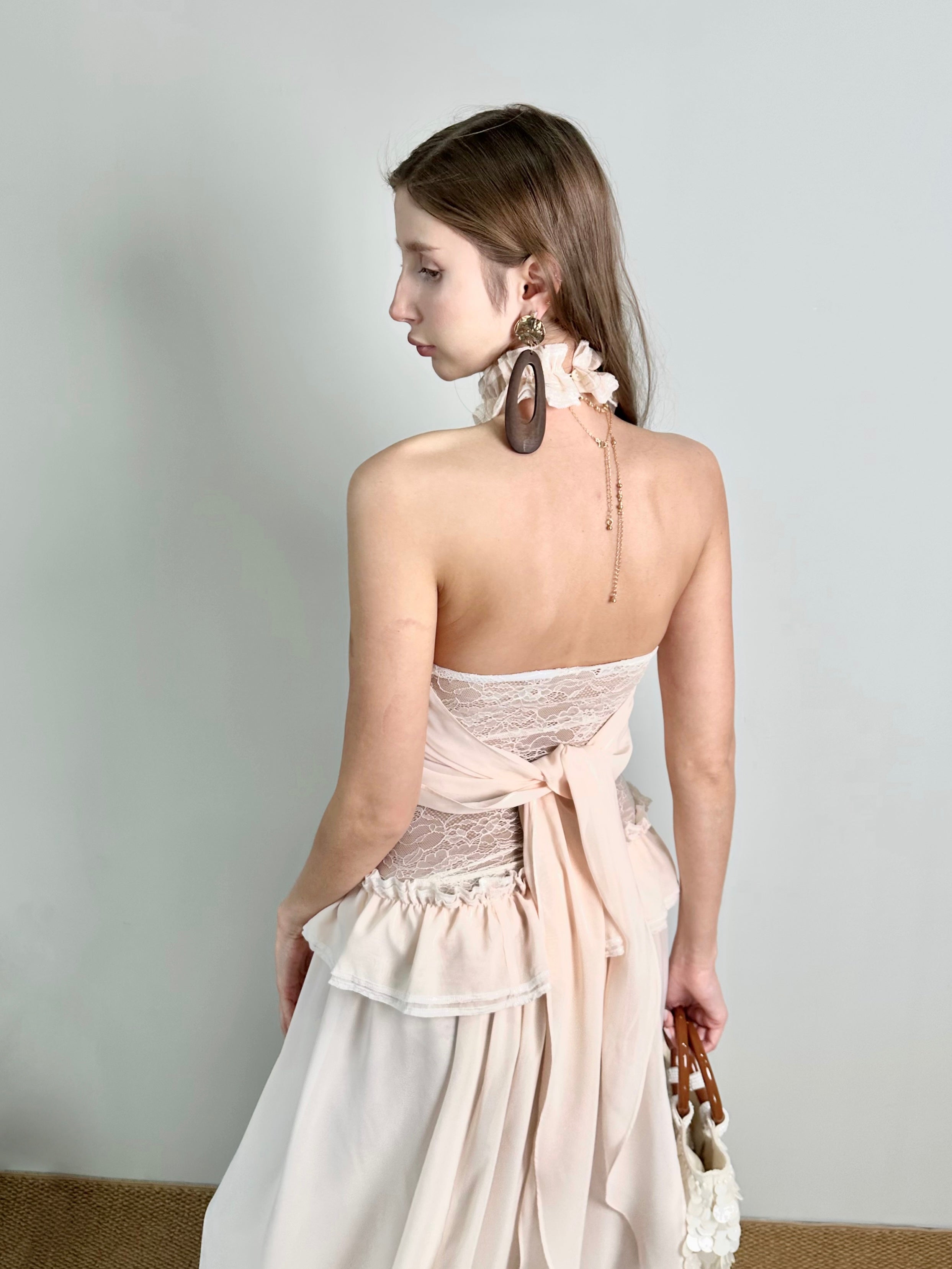 Jqwention Blush Pink Halter Dress Set – French-Inspired Ruffle Design, Flattering Slim Silhouette (2-Piece)
