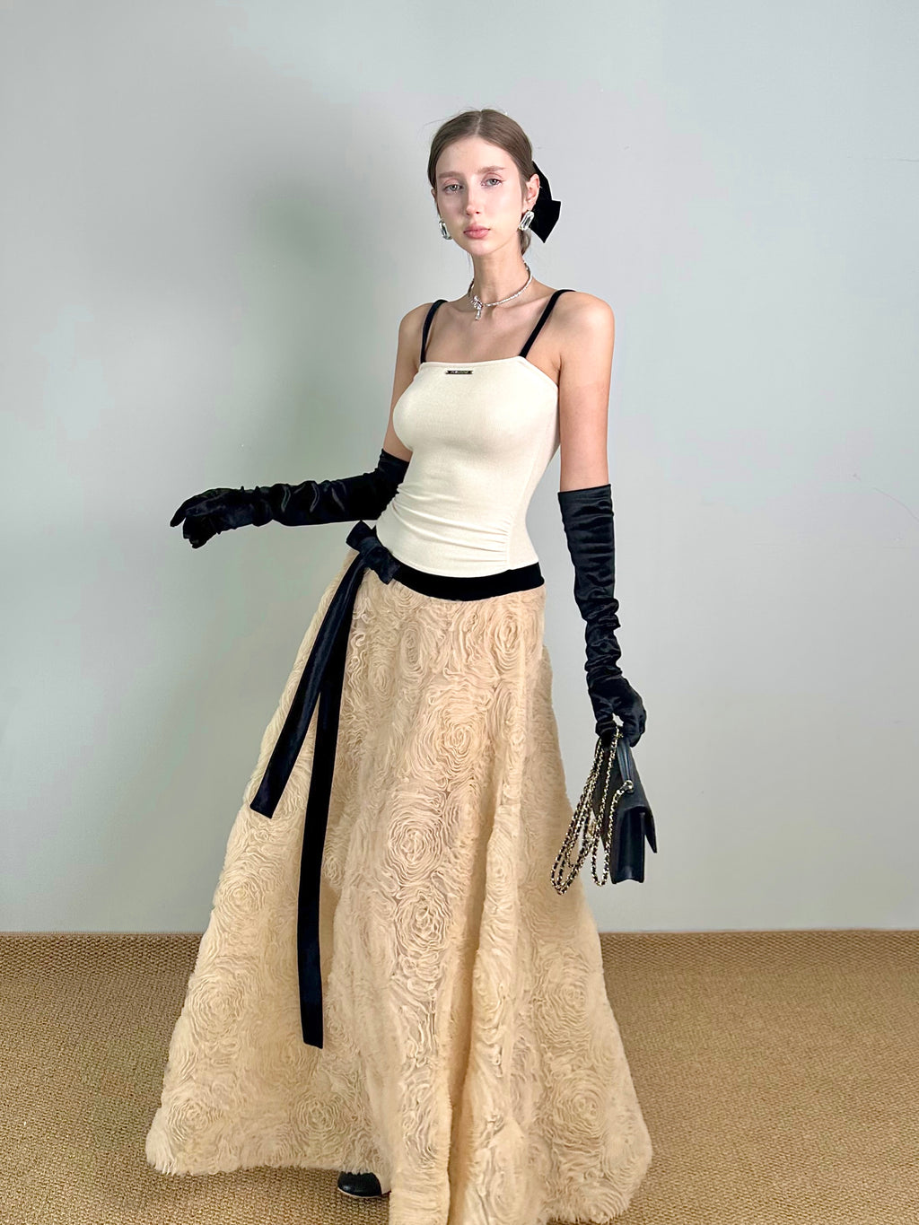 Jqwention 2026SS Sculpted Maxi Dress – Spaghetti Strap Bodice with Textured Floral A-Line Skirt, Elegant & Timeless
