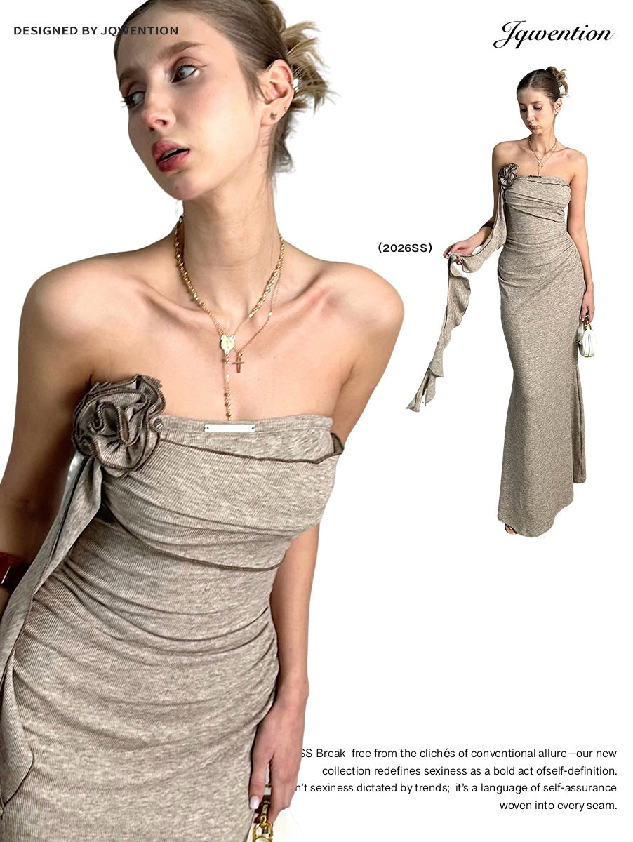 JQWENTION Ruched Strapless Maxi Dress with Detachable Scarf Detail (2026 SS)