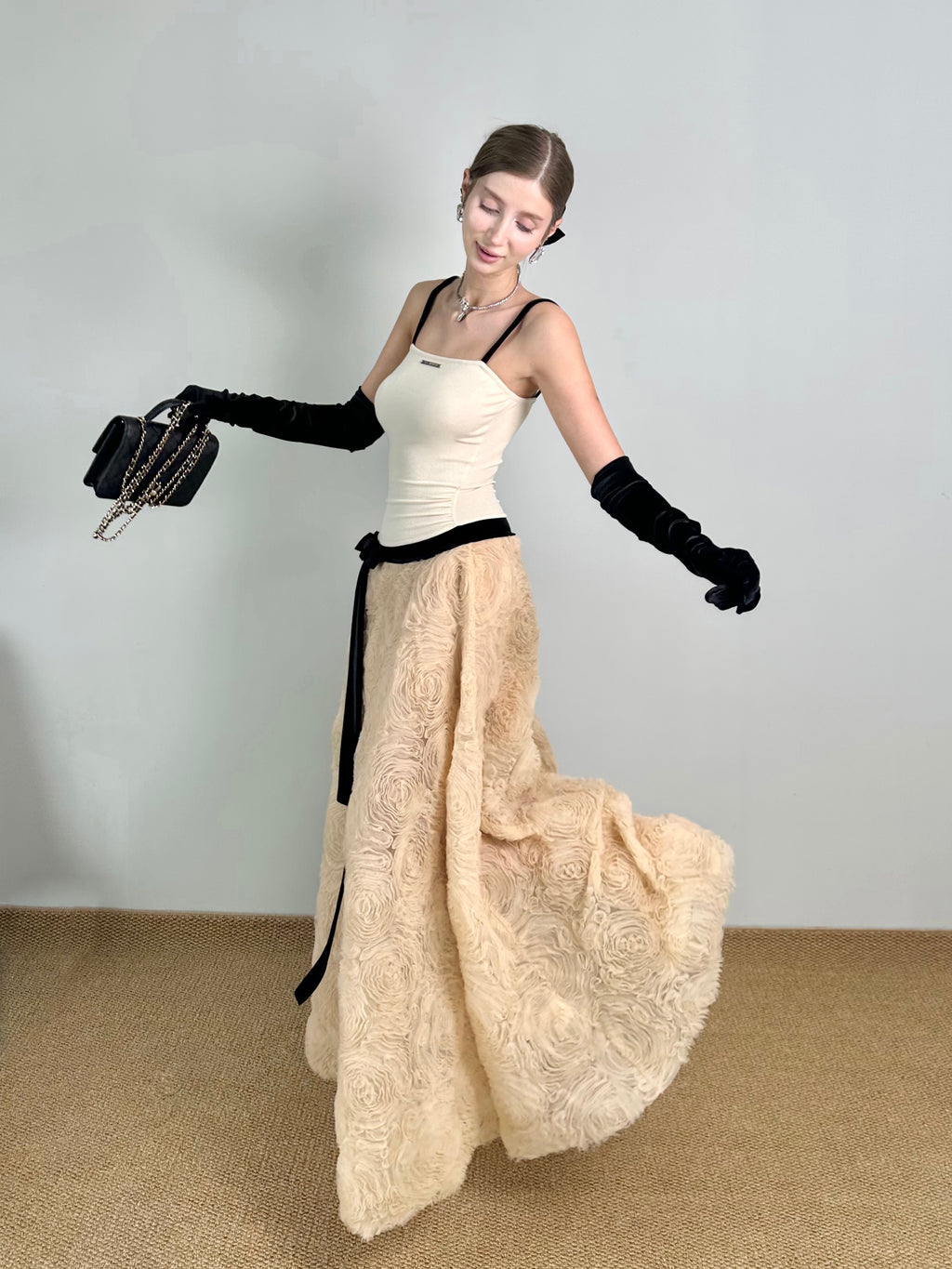 Jqwention 2026SS Sculpted Maxi Dress – Spaghetti Strap Bodice with Textured Floral A-Line Skirt, Elegant & Timeless