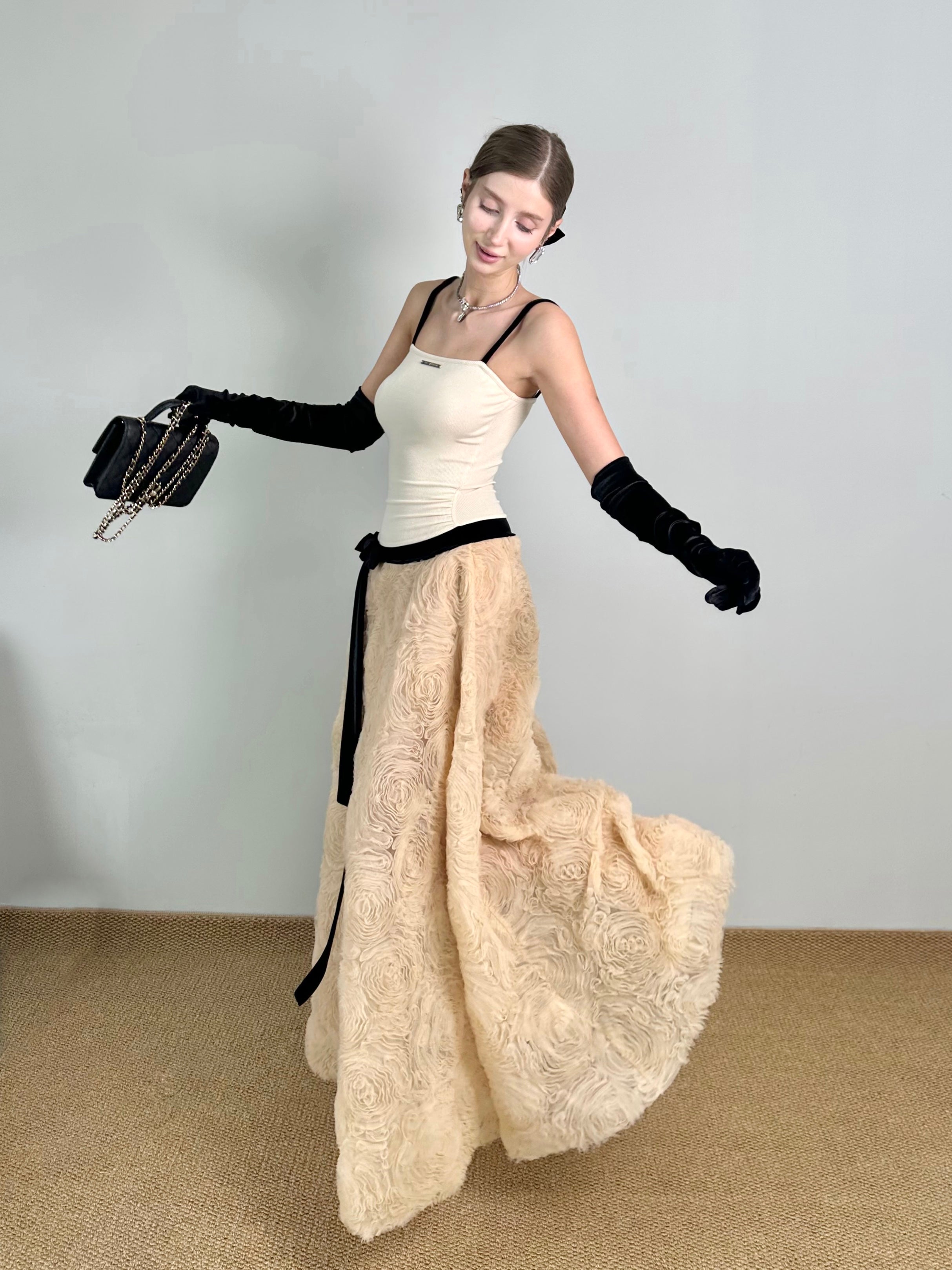 Jqwention 2026SS Sculpted Maxi Dress – Spaghetti Strap Bodice with Textured Floral A-Line Skirt, Elegant & Timeless