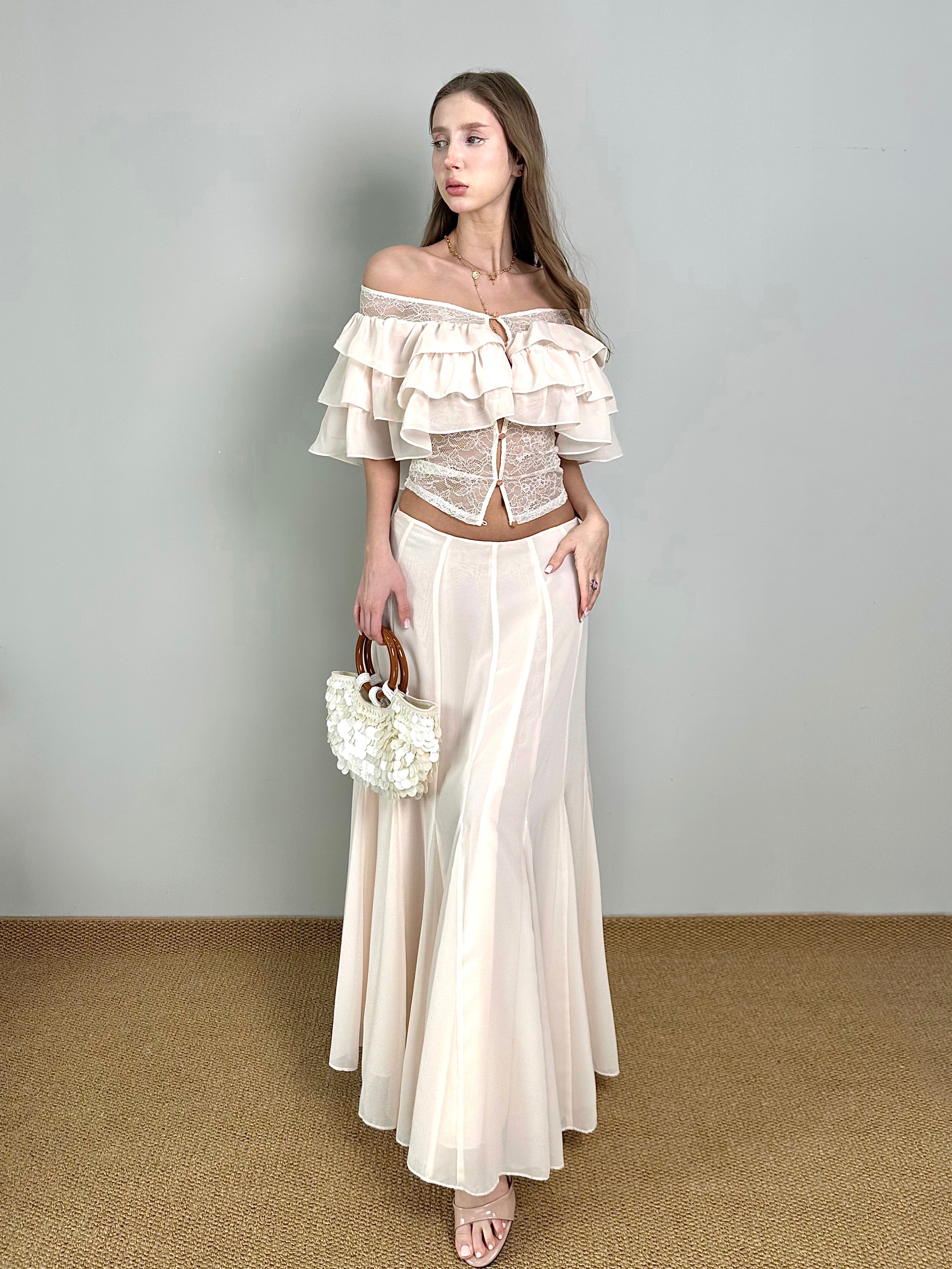 Jqwention 2026 Spring/Summer Blush Pink Off-Shoulder Ruffle Slim-Fit Maxi Dress Set (2-Piece, Flattering Fit)