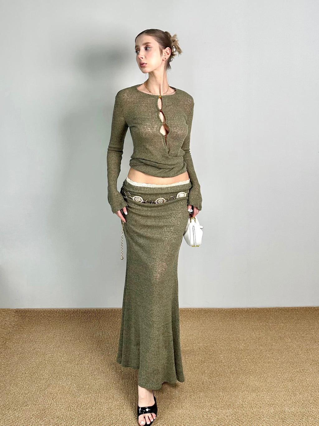 Jqwention 2026SS “Emerald Wonderland” Slim-Fit Moss Green Knit Set with Patchwork Design
