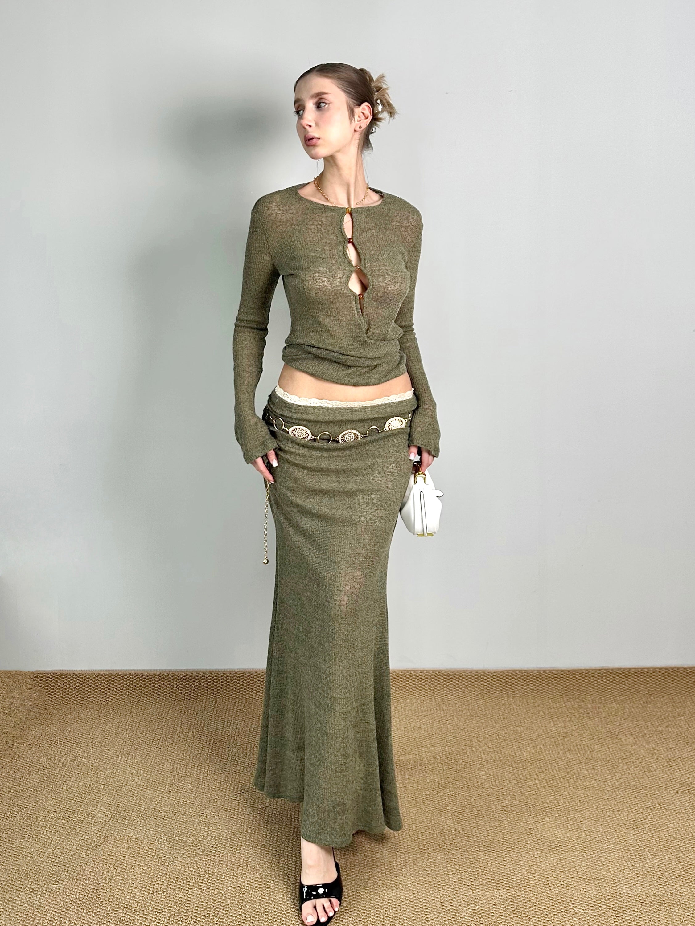 Jqwention 2026SS “Emerald Wonderland” Slim-Fit Moss Green Knit Set with Patchwork Design