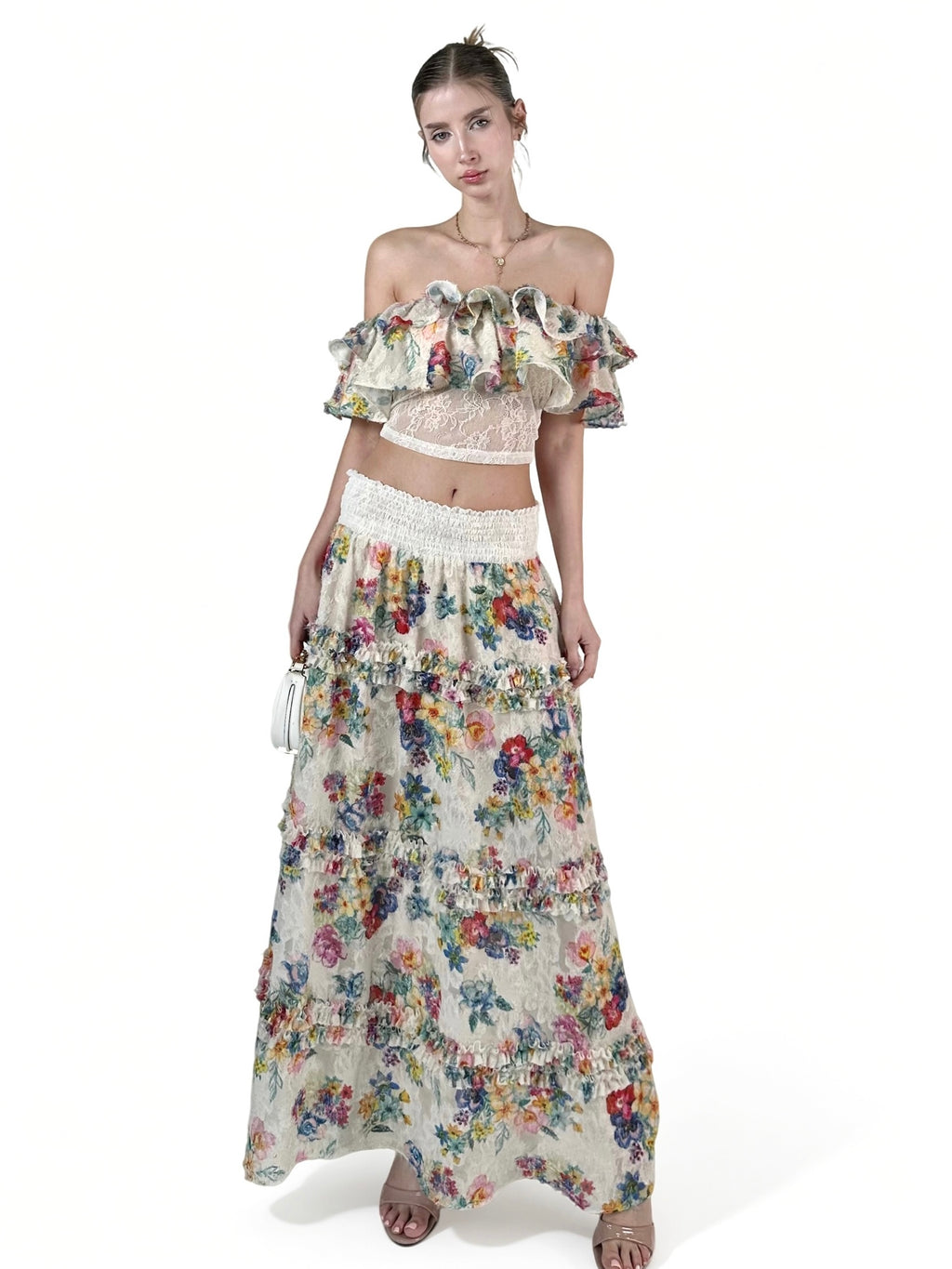 PRE-SALE JQWENTION “White Porcelain & Wild Roses” Off-Shoulder Two-Piece Set – Crop Top & Skirt (2026 SS)