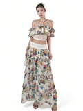 PRE-SALE JQWENTION “White Porcelain & Wild Roses” Off-Shoulder Two-Piece Set – Crop Top & Skirt (2026 SS)