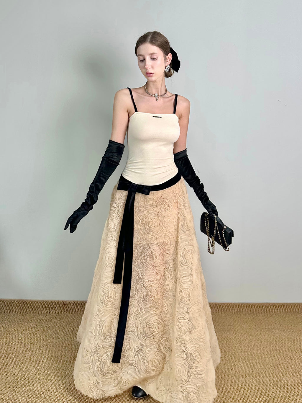 Jqwention 2026SS Sculpted Maxi Dress – Spaghetti Strap Bodice with Textured Floral A-Line Skirt, Elegant & Timeless