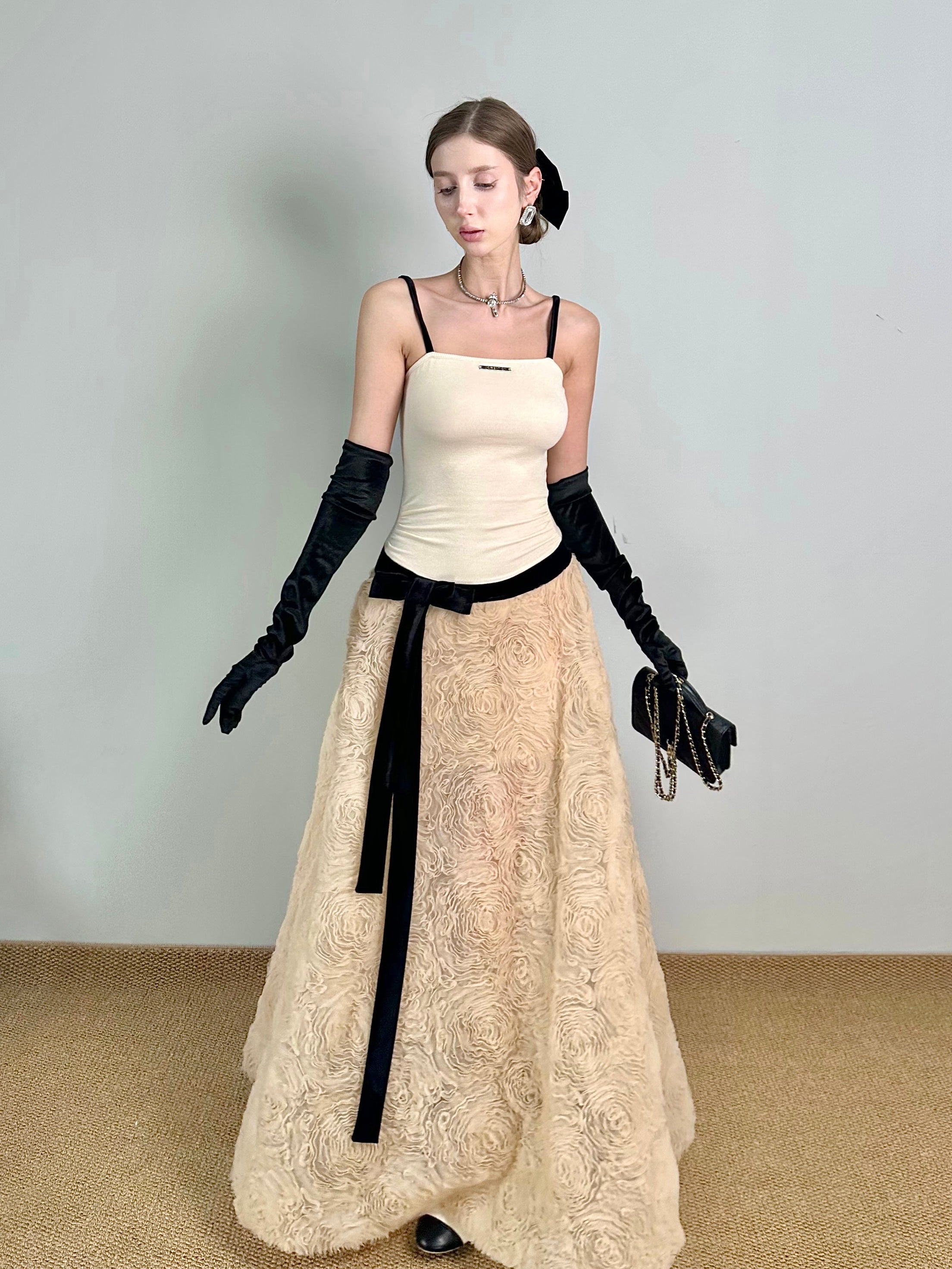 Jqwention 2026SS Sculpted Maxi Dress – Spaghetti Strap Bodice with Textured Floral A-Line Skirt, Elegant & Timeless