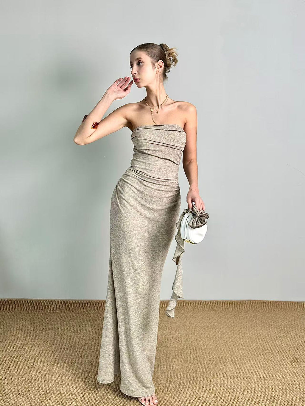 JQWENTION Ruched Strapless Maxi Dress with Detachable Scarf Detail (2026 SS)