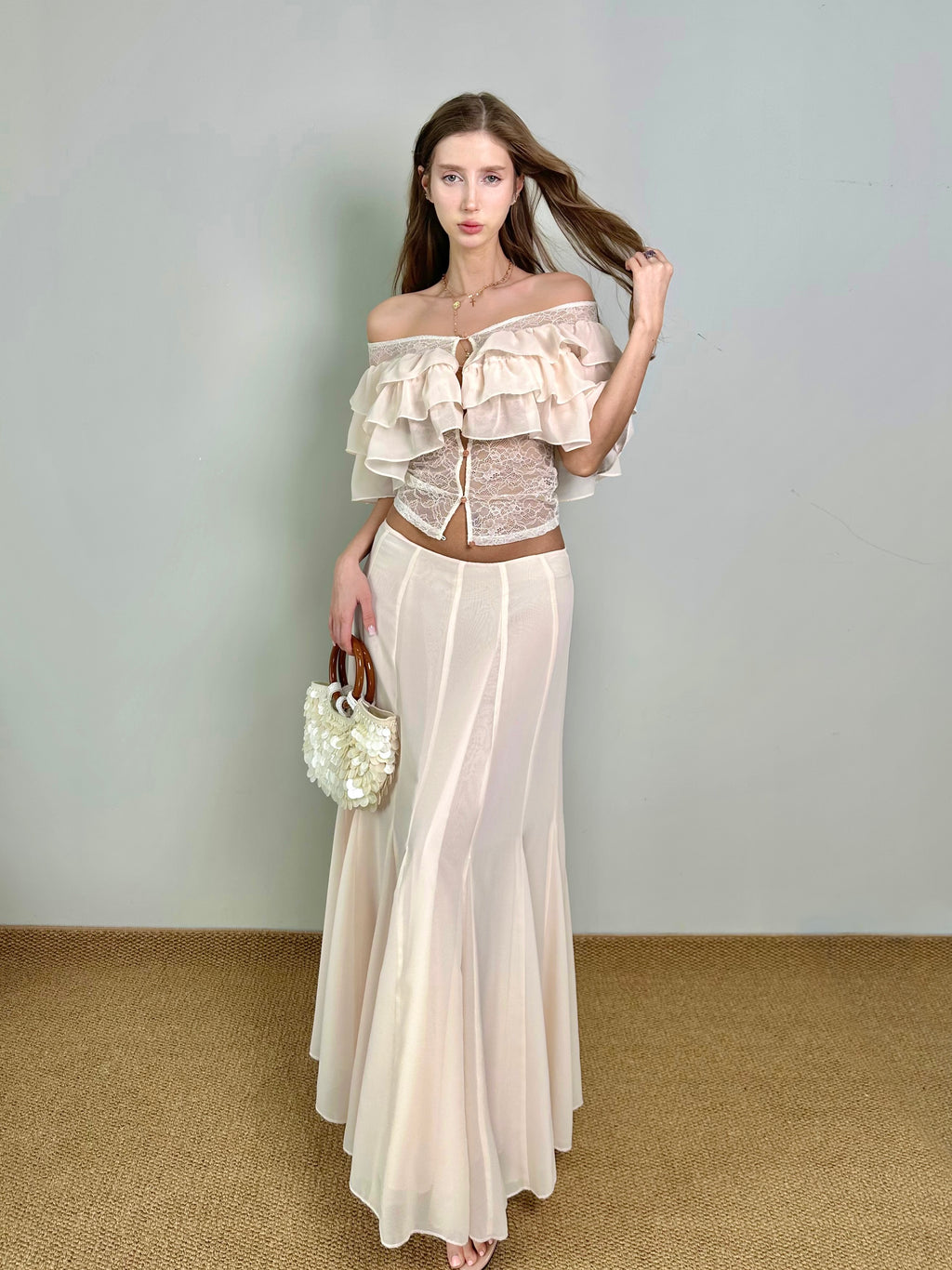 Jqwention 2026 Spring/Summer Blush Pink Off-Shoulder Ruffle Slim-Fit Maxi Dress Set (2-Piece, Flattering Fit)