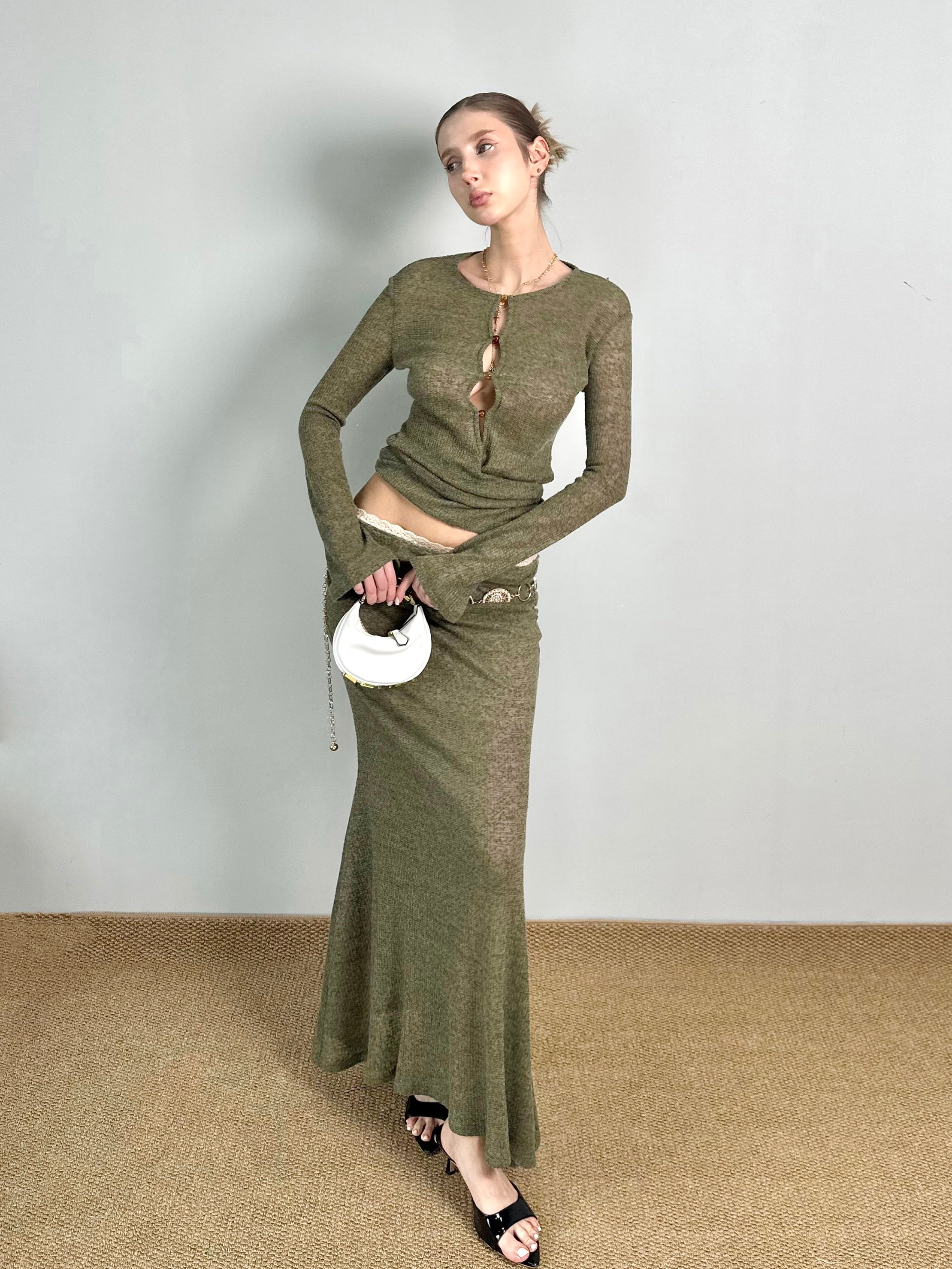 Jqwention 2026SS “Emerald Wonderland” Slim-Fit Moss Green Knit Set with Patchwork Design