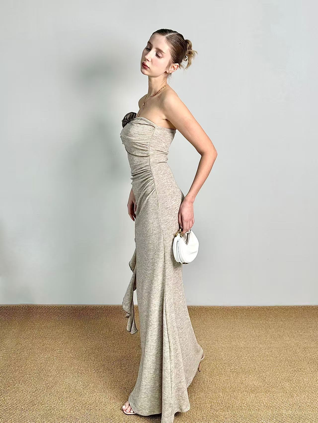 JQWENTION Ruched Strapless Maxi Dress with Detachable Scarf Detail (2026 SS)