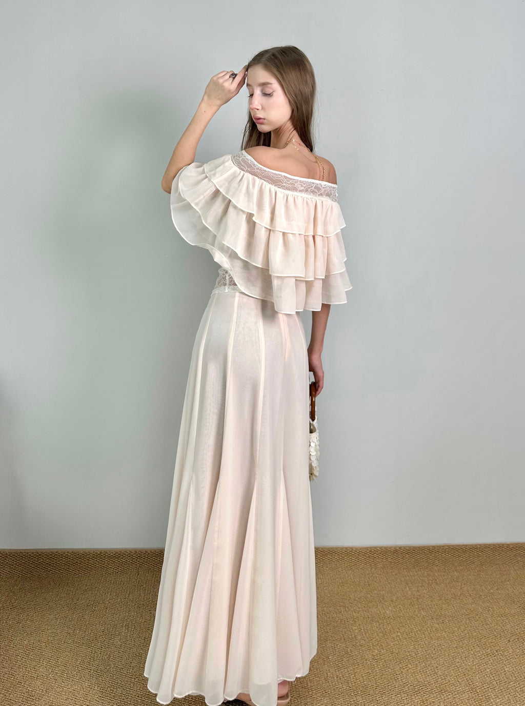 Jqwention 2026 Spring/Summer Blush Pink Off-Shoulder Ruffle Slim-Fit Maxi Dress Set (2-Piece, Flattering Fit)