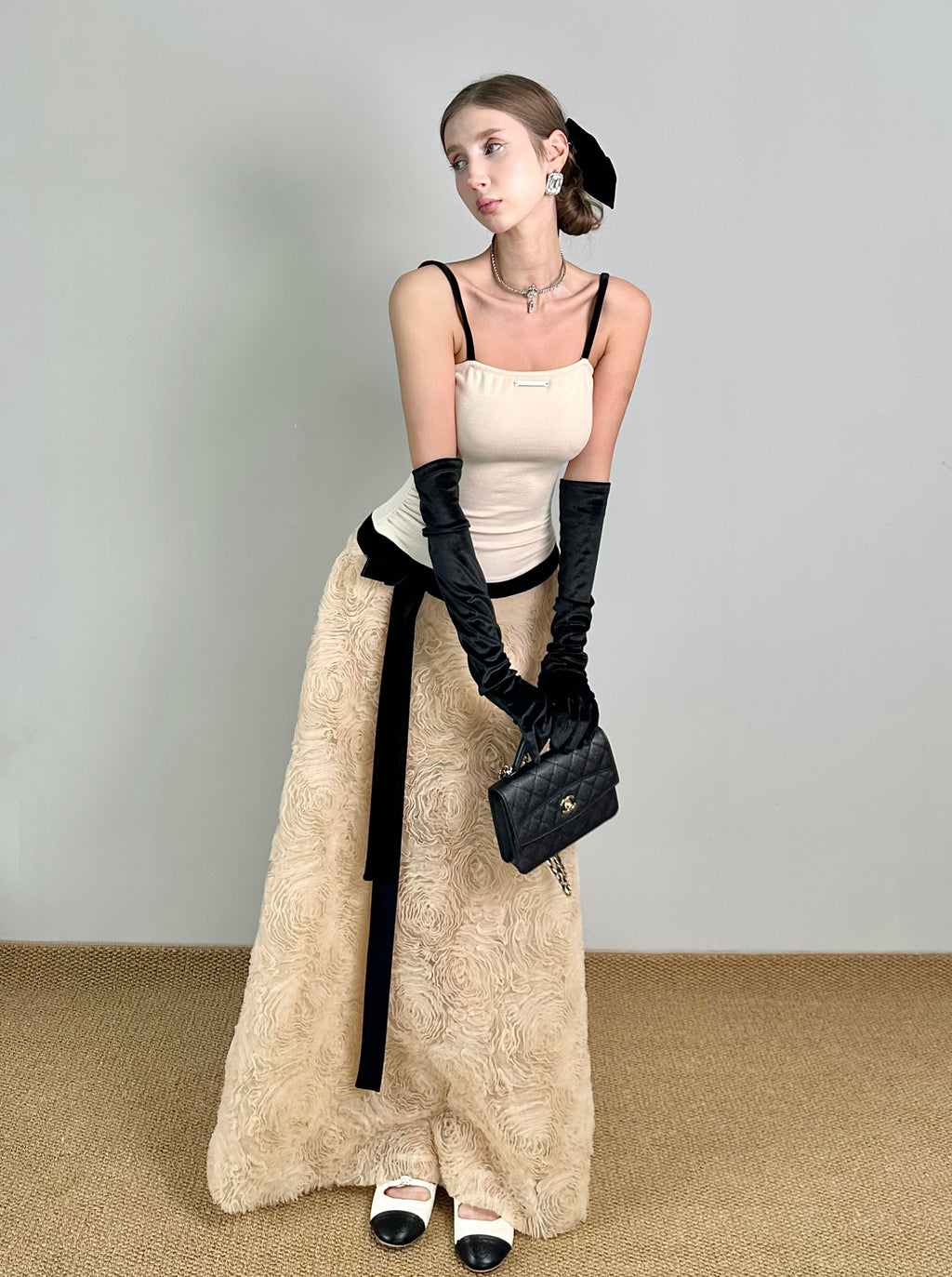 Jqwention 2026SS Sculpted Maxi Dress – Spaghetti Strap Bodice with Textured Floral A-Line Skirt, Elegant & Timeless