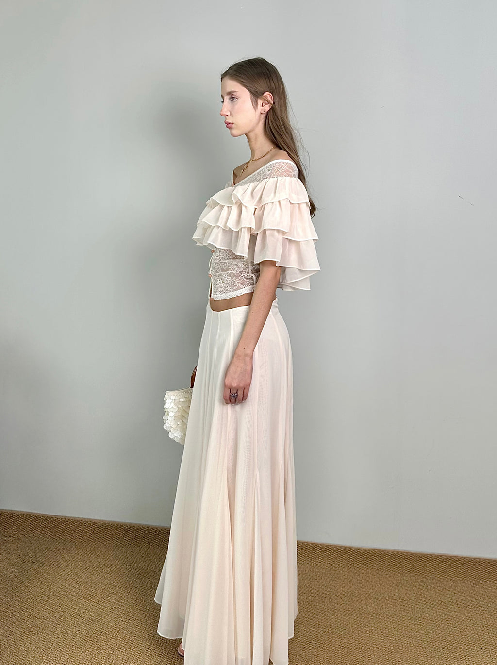 Jqwention 2026 Spring/Summer Blush Pink Off-Shoulder Ruffle Slim-Fit Maxi Dress Set (2-Piece, Flattering Fit)