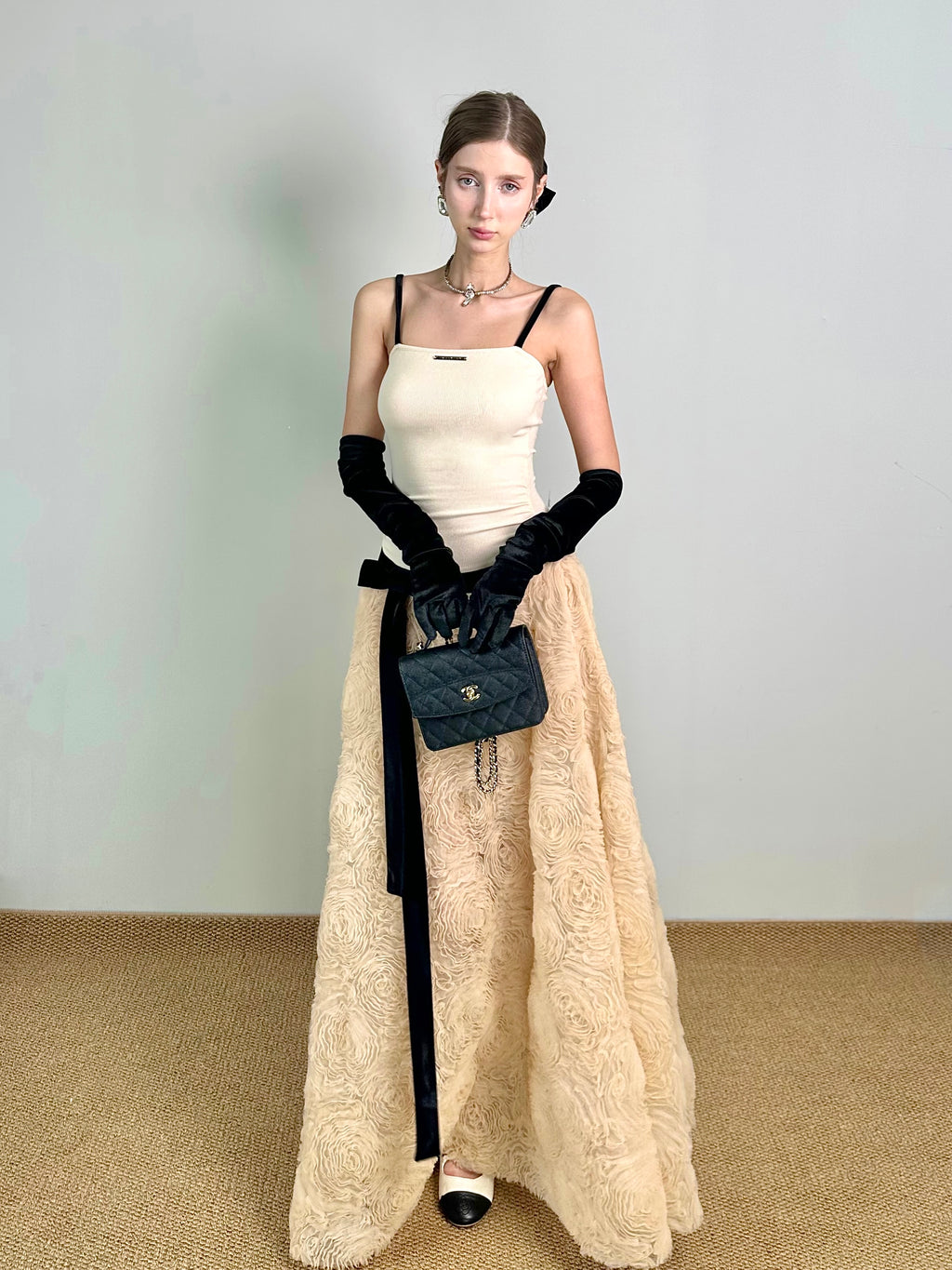 Jqwention 2026SS Sculpted Maxi Dress – Spaghetti Strap Bodice with Textured Floral A-Line Skirt, Elegant & Timeless