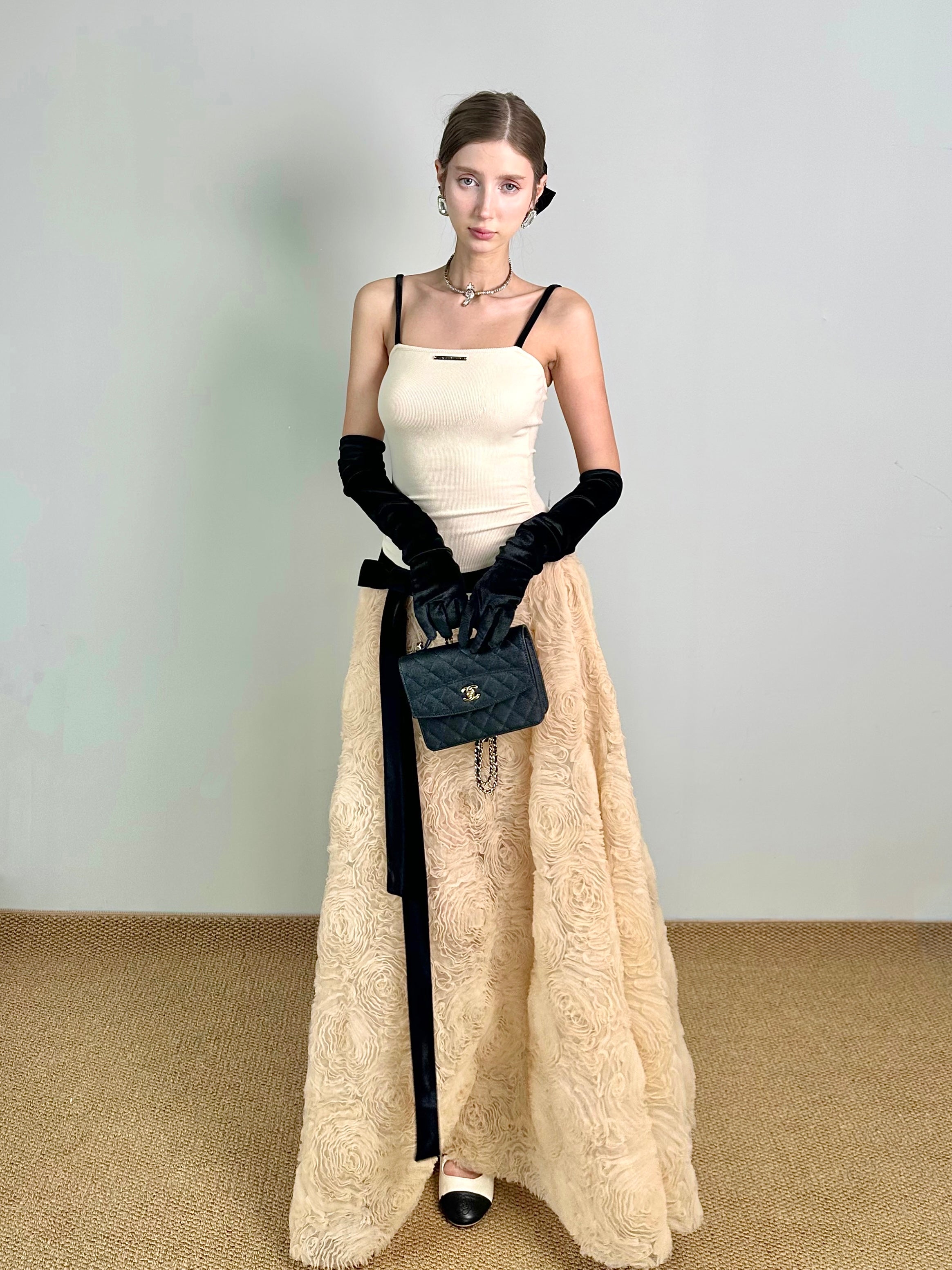 Jqwention 2026SS Sculpted Maxi Dress – Spaghetti Strap Bodice with Textured Floral A-Line Skirt, Elegant & Timeless