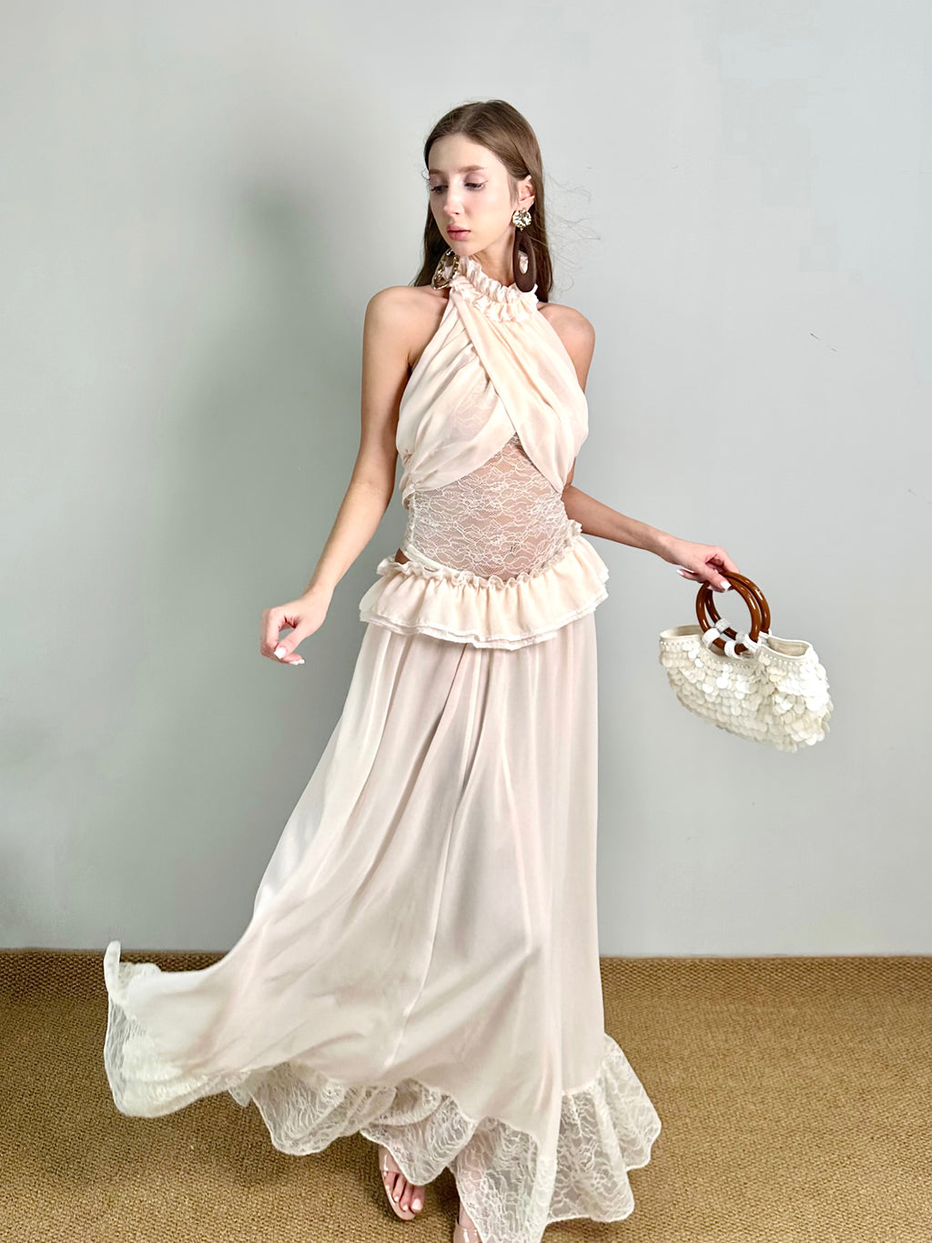 Jqwention Blush Pink Halter Dress Set – French-Inspired Ruffle Design, Flattering Slim Silhouette (2-Piece)