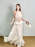 Jqwention Blush Pink Halter Dress Set – French-Inspired Ruffle Design, Flattering Slim Silhouette (2-Piece)