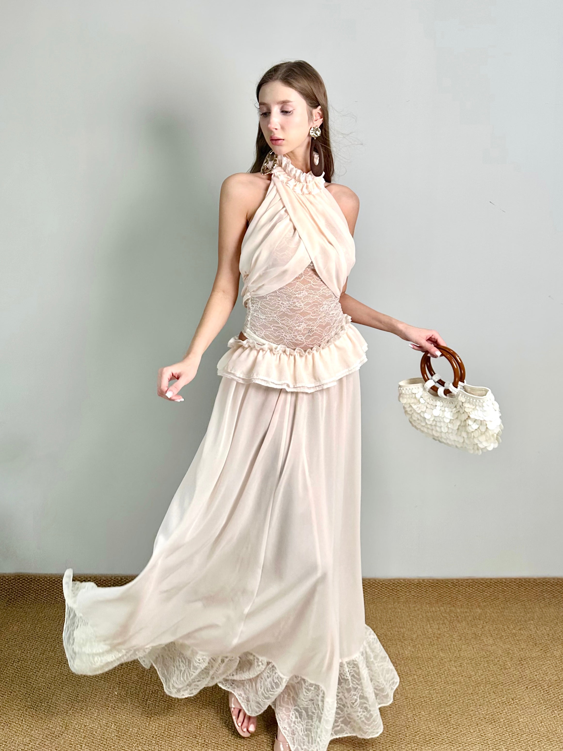 Jqwention Blush Pink Halter Dress Set – French-Inspired Ruffle Design, Flattering Slim Silhouette (2-Piece)