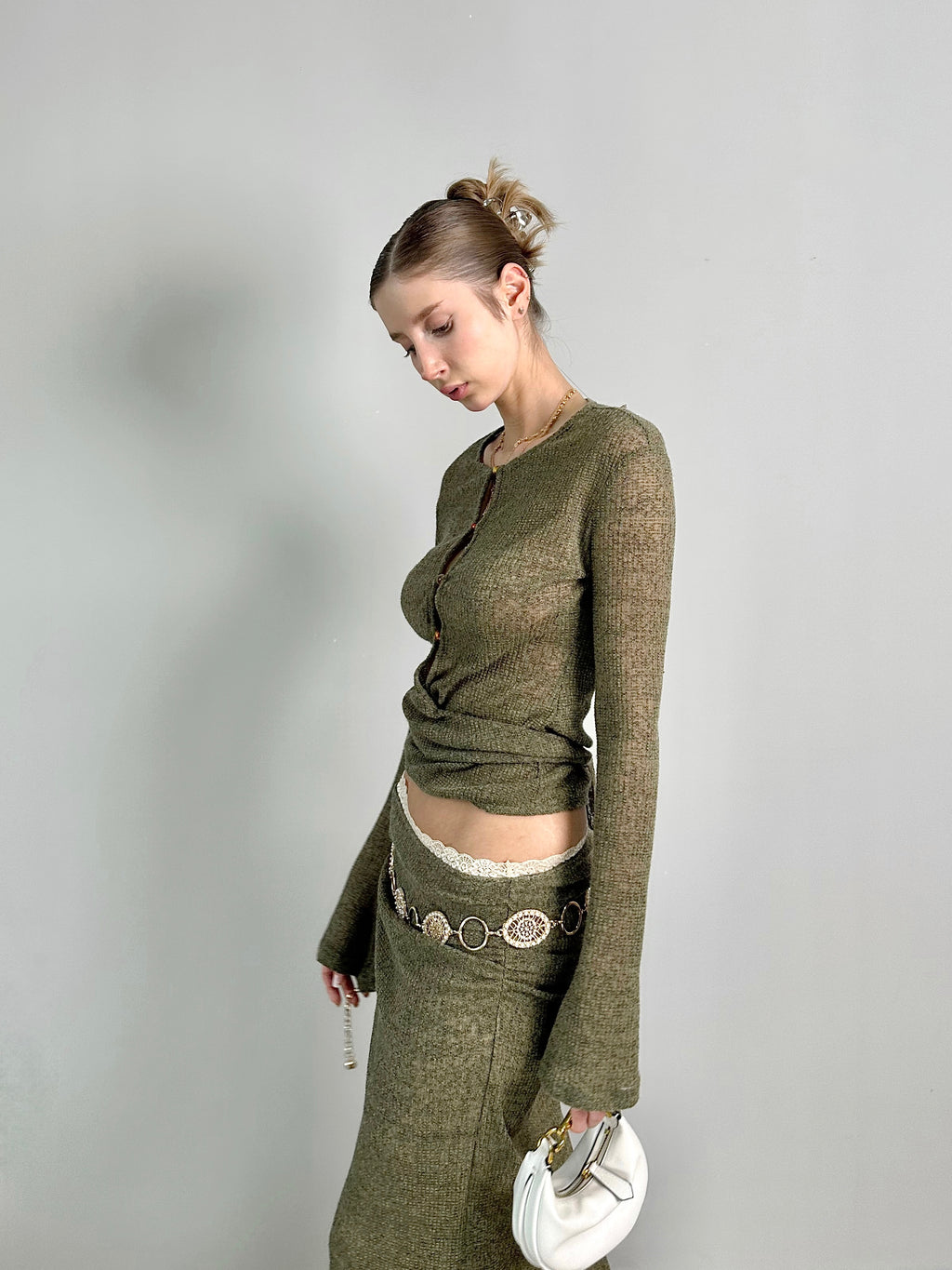 Jqwention 2026SS “Emerald Wonderland” Slim-Fit Moss Green Knit Set with Patchwork Design