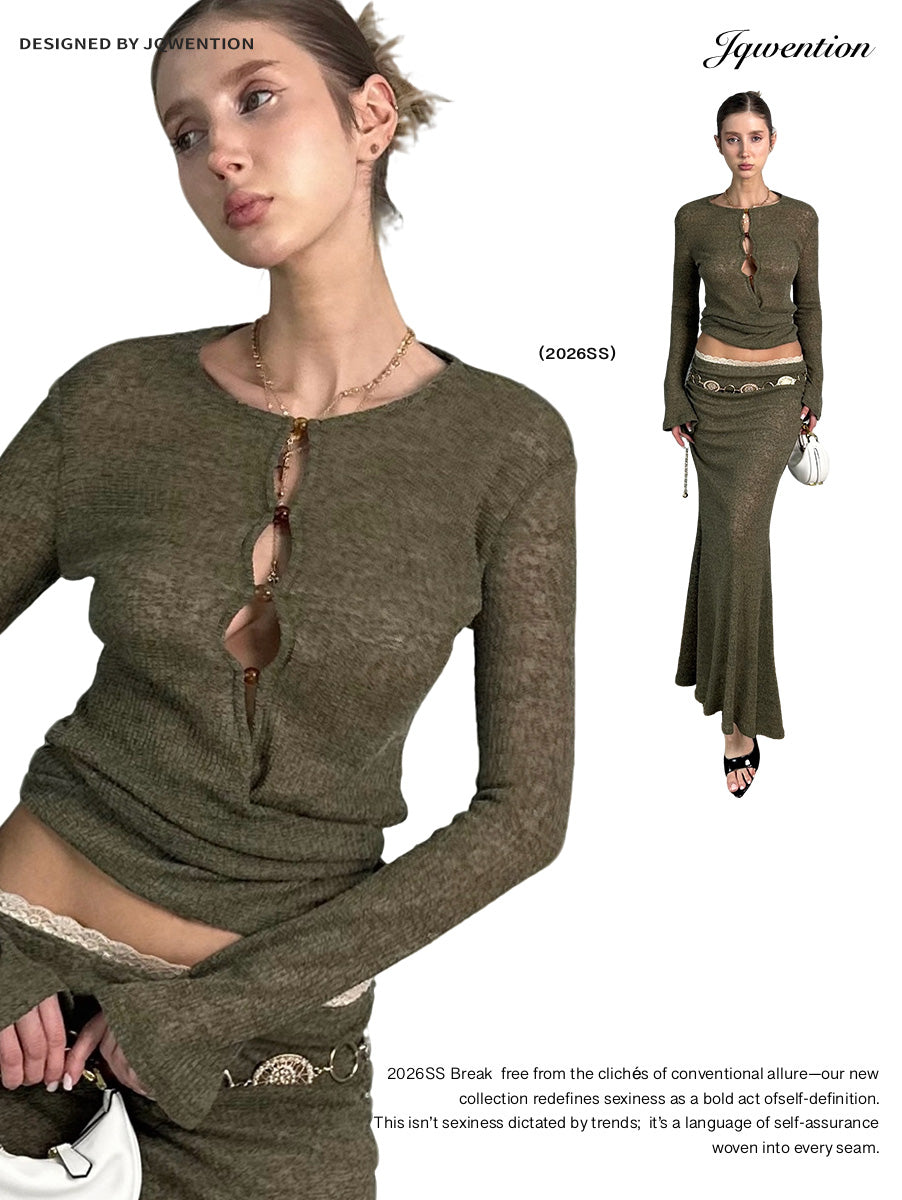 Jqwention 2026SS “Emerald Wonderland” Slim-Fit Moss Green Knit Set with Patchwork Design