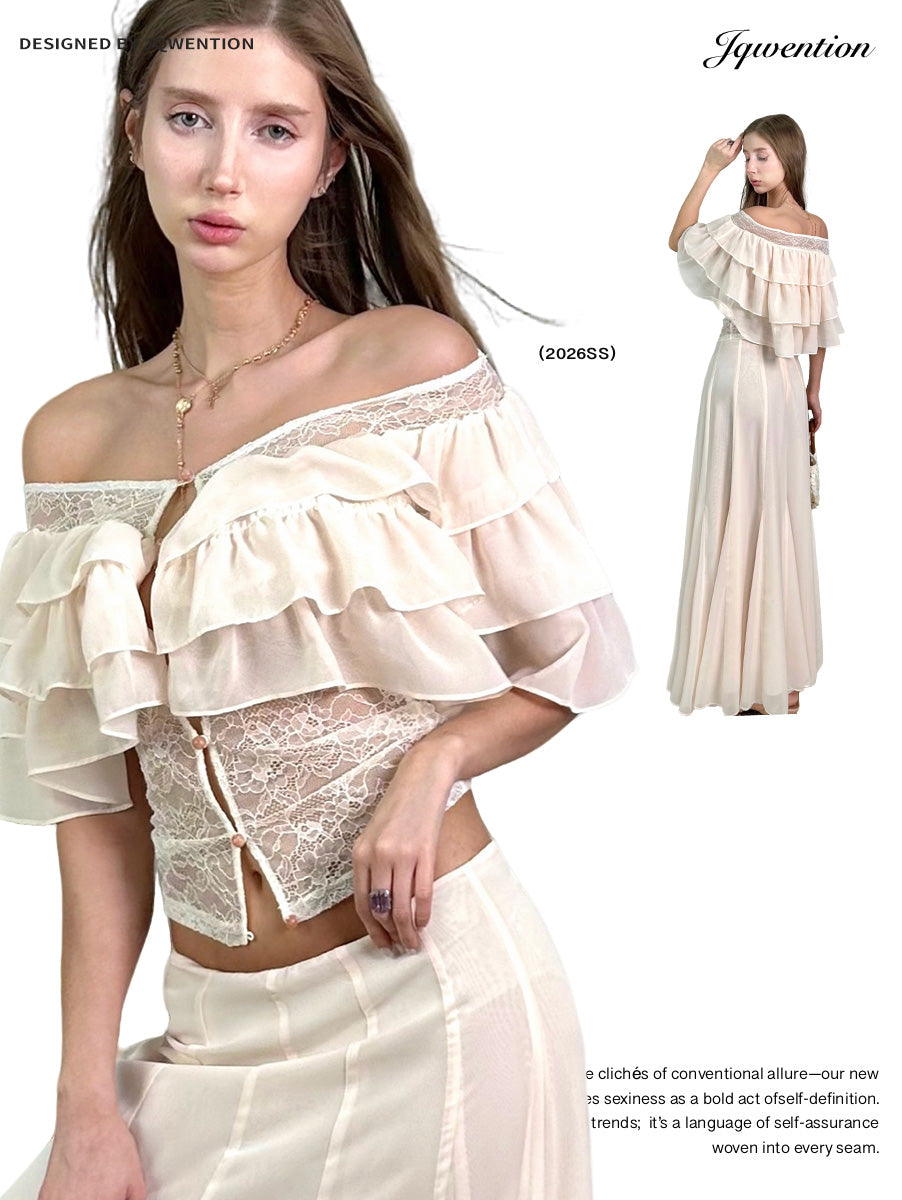 Jqwention 2026 Spring/Summer Blush Pink Off-Shoulder Ruffle Slim-Fit Maxi Dress Set (2-Piece, Flattering Fit)