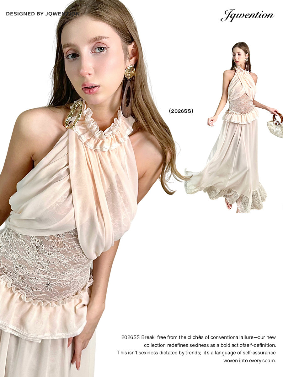 Jqwention Blush Pink Halter Dress Set – French-Inspired Ruffle Design, Flattering Slim Silhouette (2-Piece)