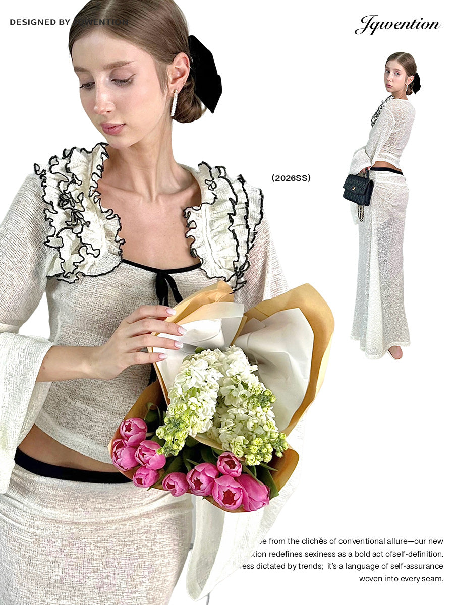Jqwention 2026SS Black & White Contrast Ruffle Long Sleeve Top – Slim-Fit, Flattering Silhouette