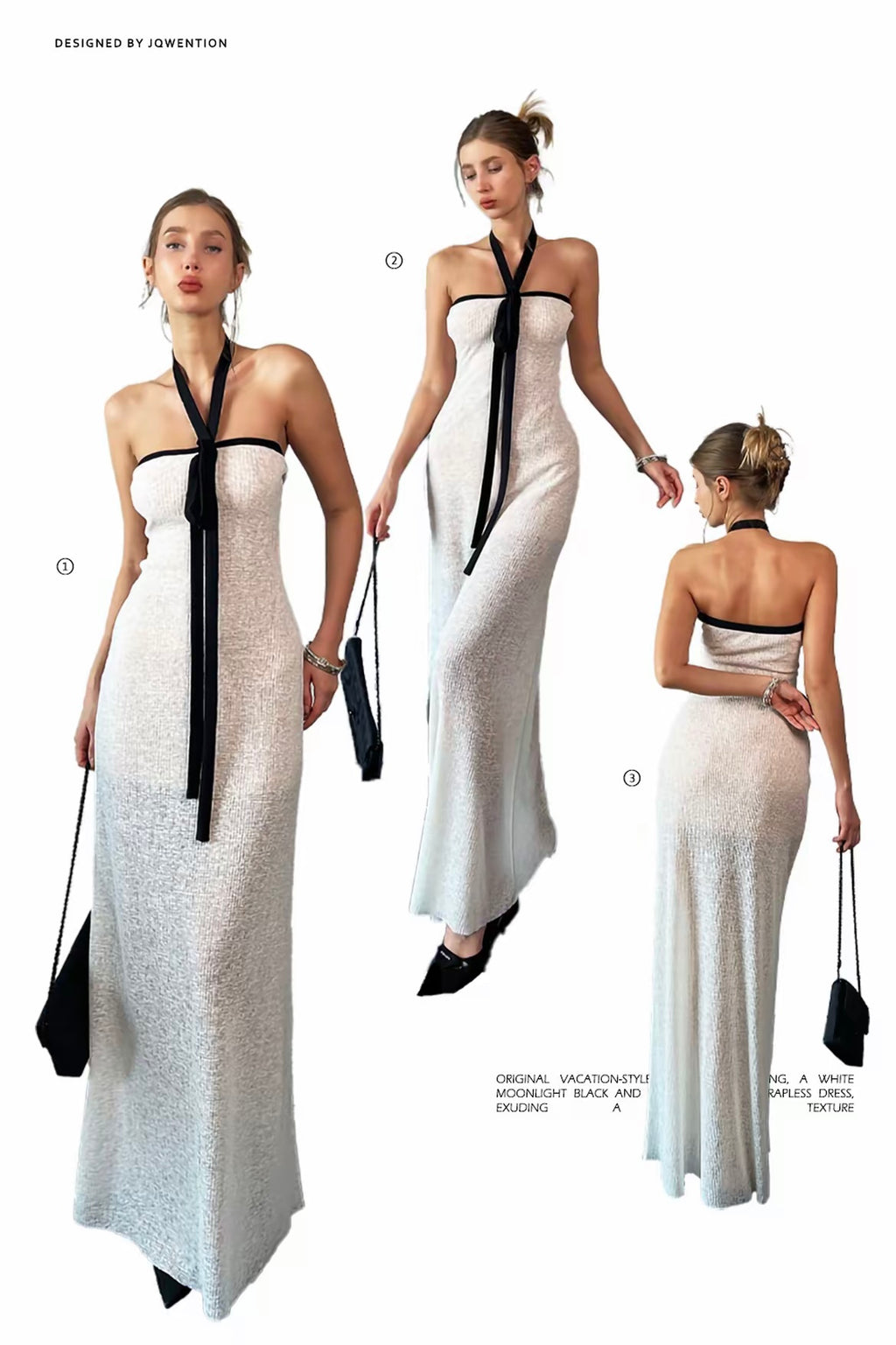 JQWENTION Original Design "Heiress" Black & White Contrast Strapless Maxi Dress