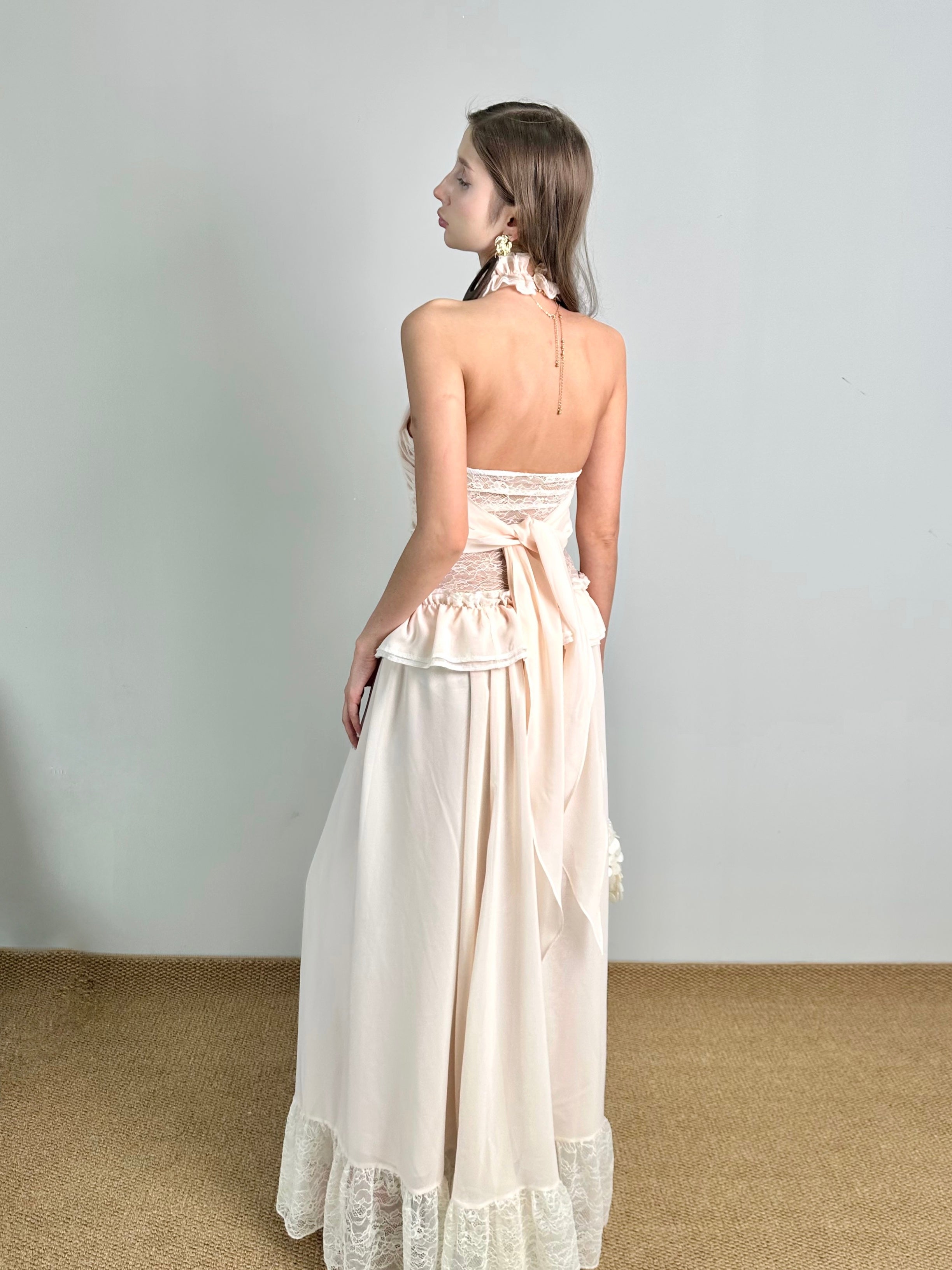 Jqwention Blush Pink Halter Dress Set – French-Inspired Ruffle Design, Flattering Slim Silhouette (2-Piece)