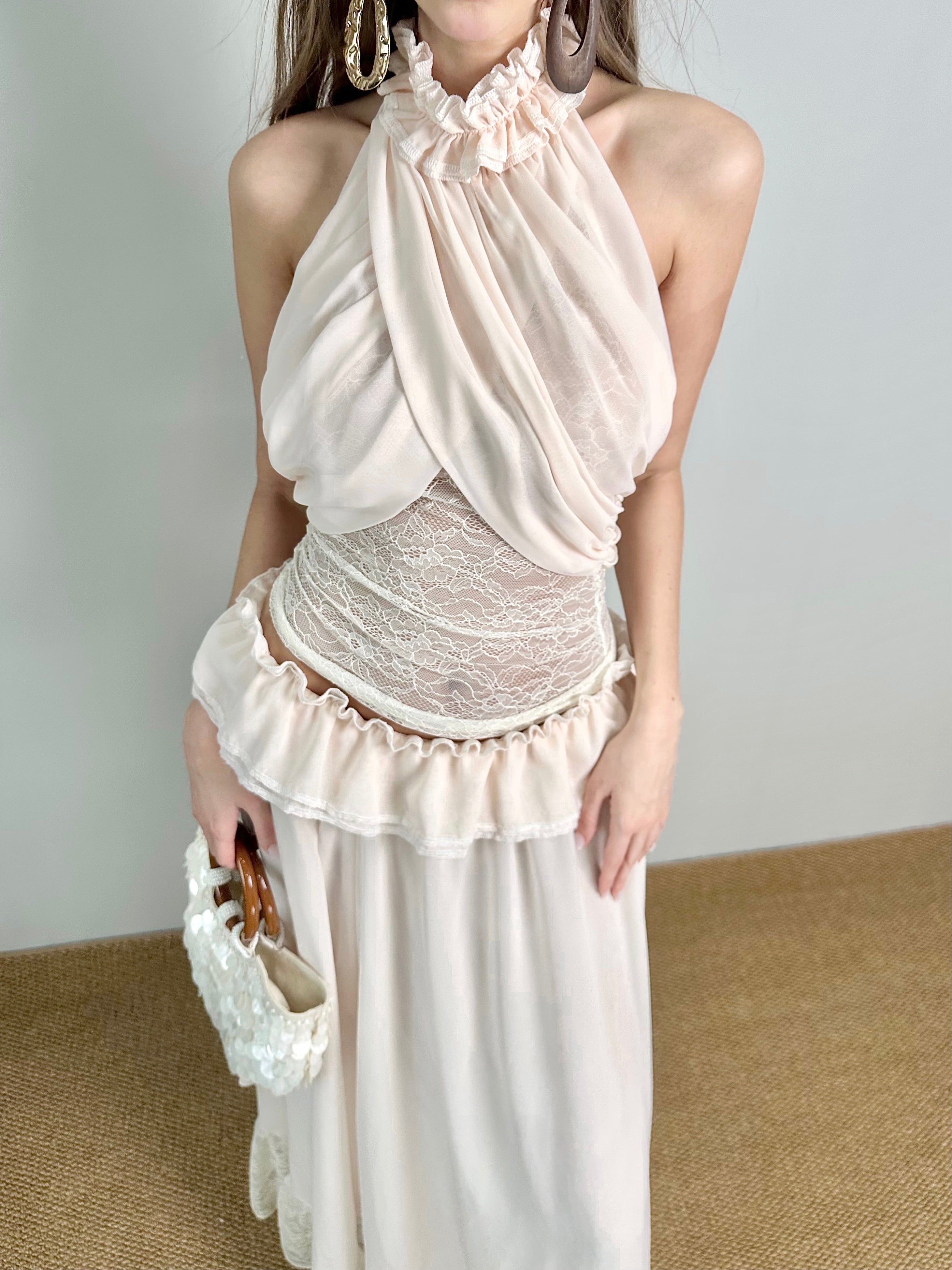 Jqwention Blush Pink Halter Dress Set – French-Inspired Ruffle Design, Flattering Slim Silhouette (2-Piece)