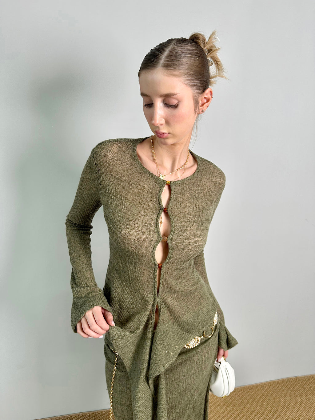 Jqwention 2026SS “Emerald Wonderland” Slim-Fit Moss Green Knit Set with Patchwork Design