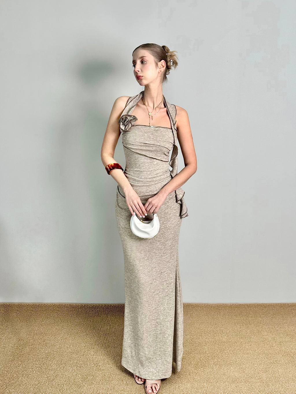 JQWENTION Ruched Strapless Maxi Dress with Detachable Scarf Detail (2026 SS)