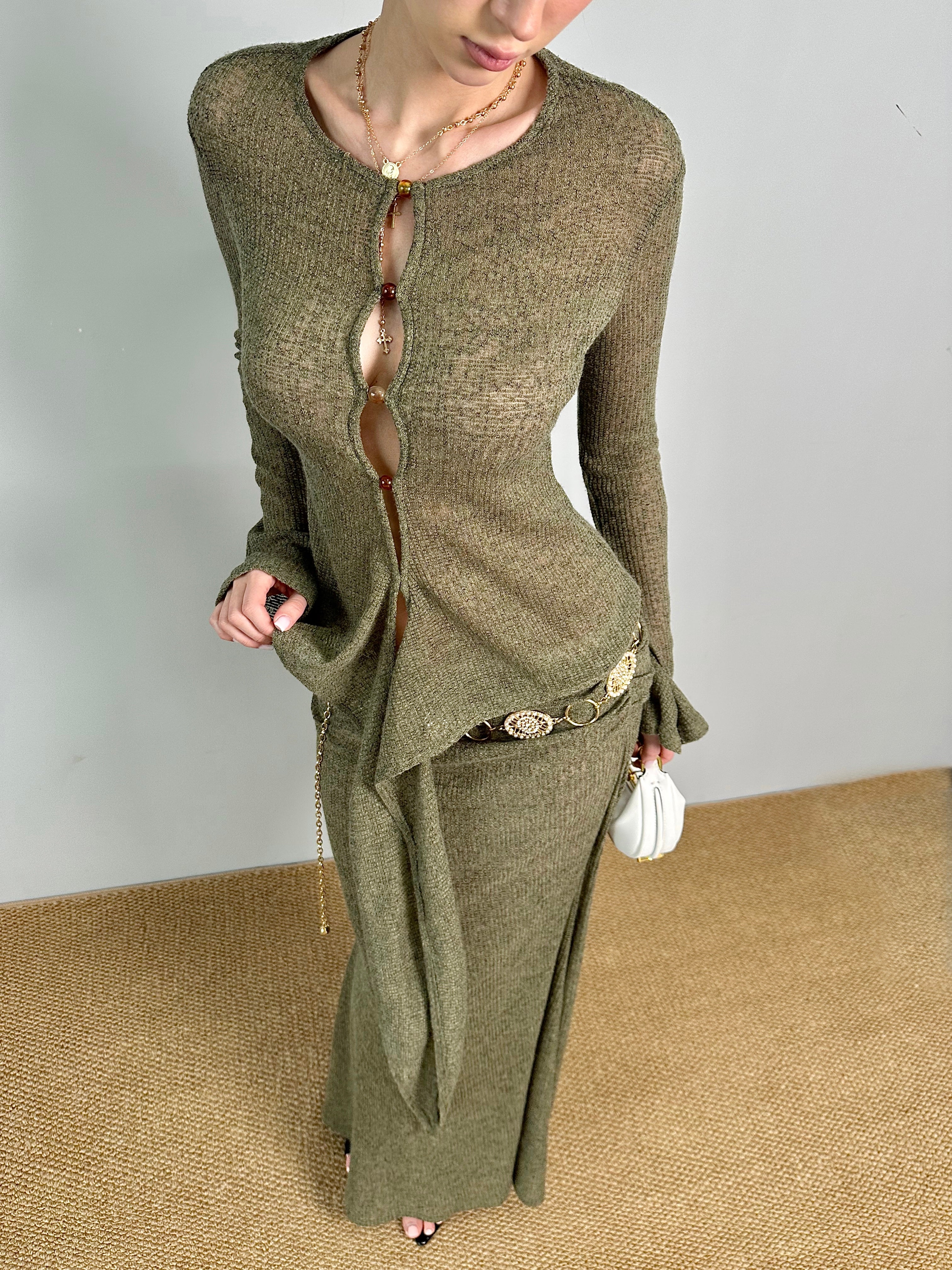 Jqwention 2026SS “Emerald Wonderland” Slim-Fit Moss Green Knit Set with Patchwork Design
