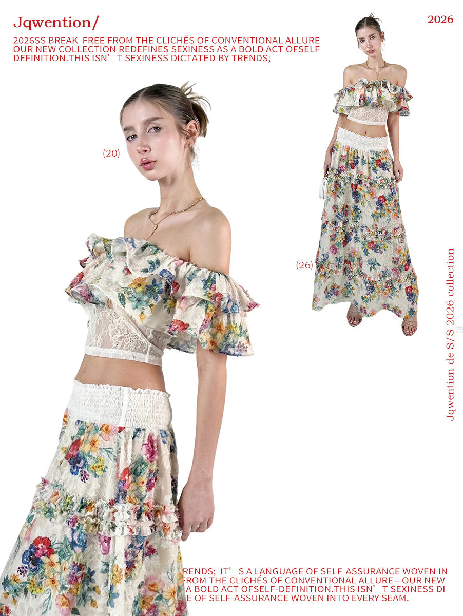 PRE-SALE JQWENTION “White Porcelain & Wild Roses” Off-Shoulder Two-Piece Set – Crop Top & Skirt (2026 SS)