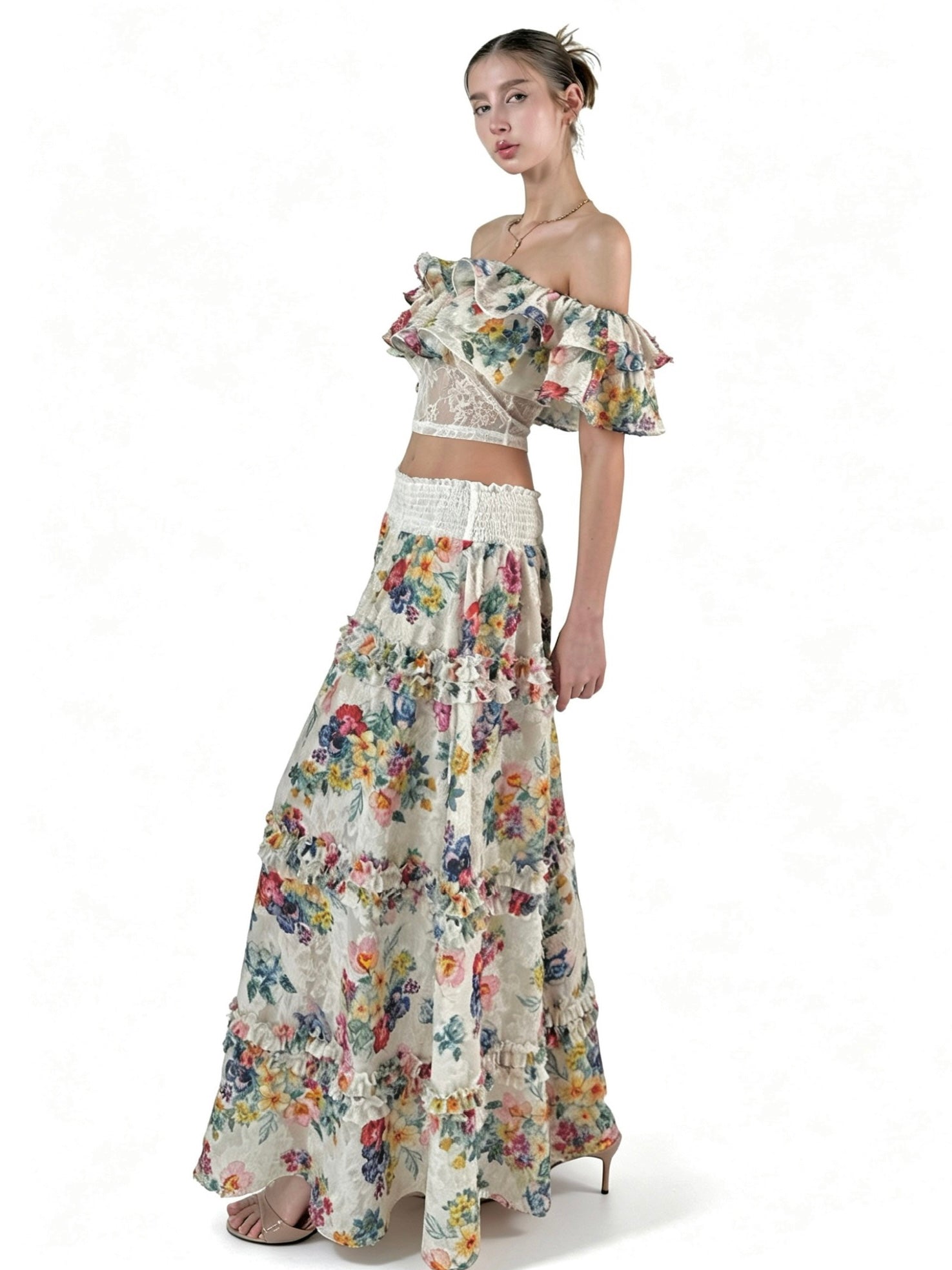 PRE-SALE JQWENTION “White Porcelain & Wild Roses” Off-Shoulder Two-Piece Set – Crop Top & Skirt (2026 SS)