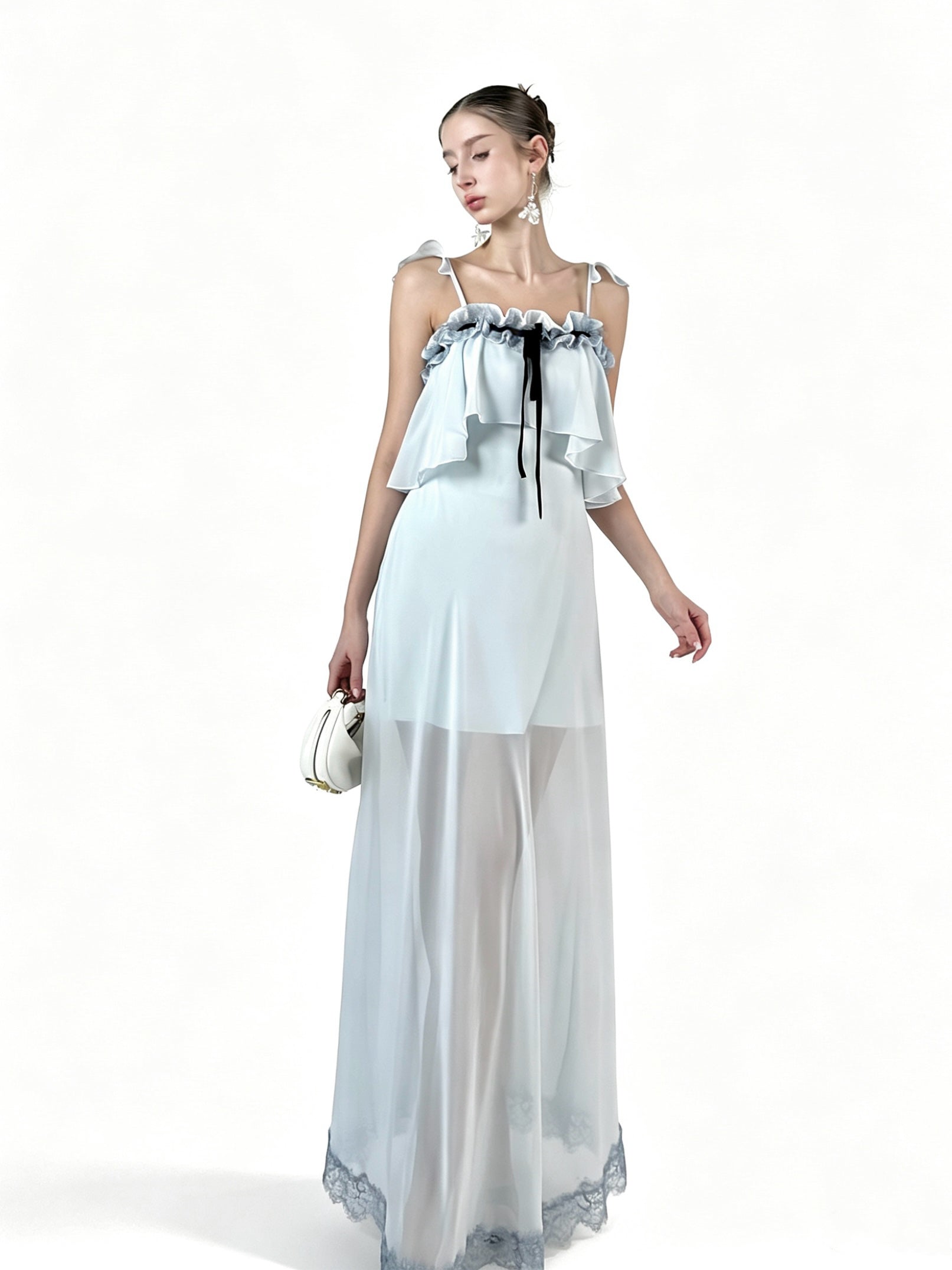 PRE-SALE JQWENTION “Ice Blue Moonlight” Maxi Dress – Ruffled Camisole Design with Sheer Lace-Trimmed Skirt