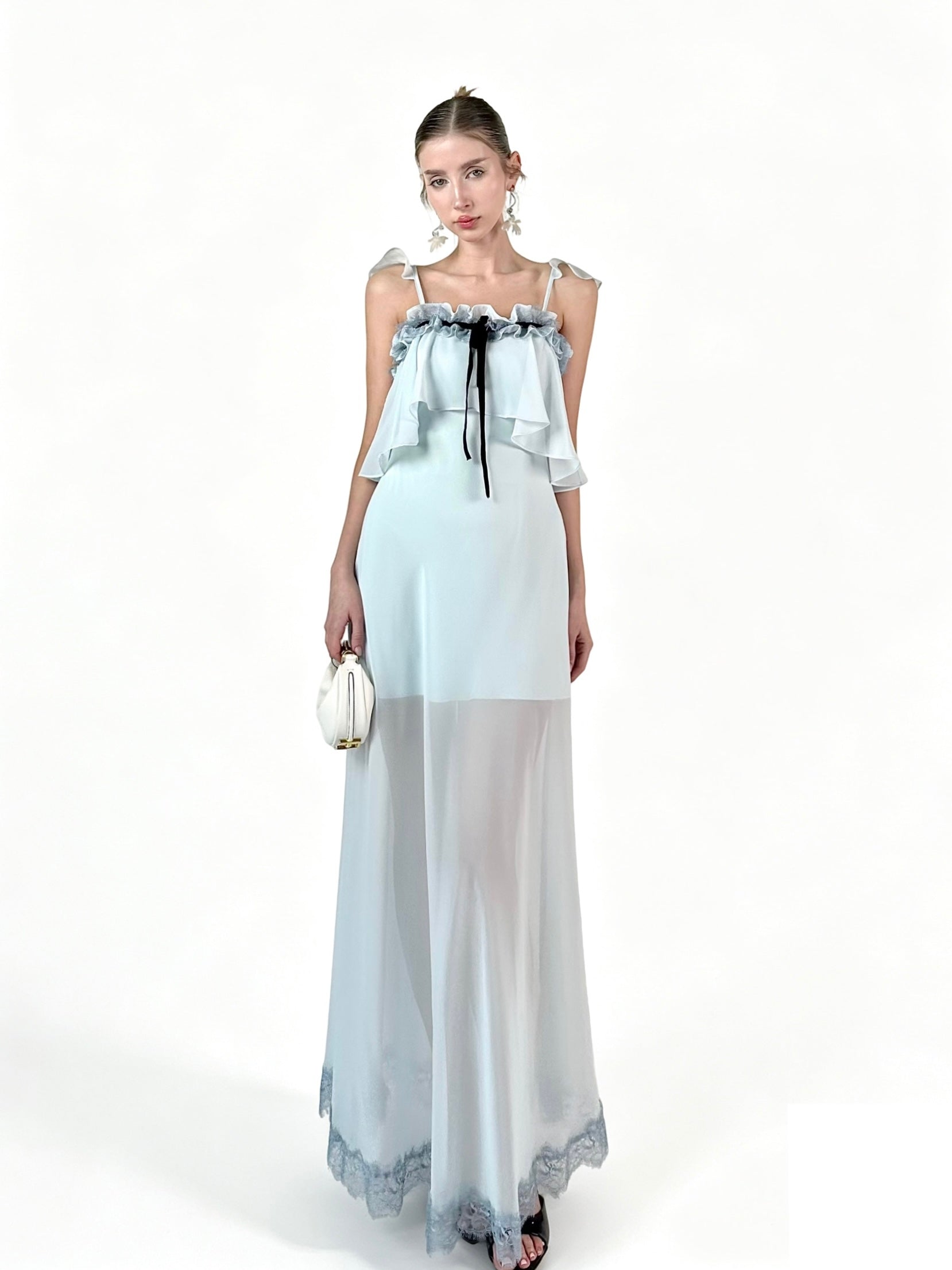 PRE-SALE JQWENTION “Ice Blue Moonlight” Maxi Dress – Ruffled Camisole Design with Sheer Lace-Trimmed Skirt