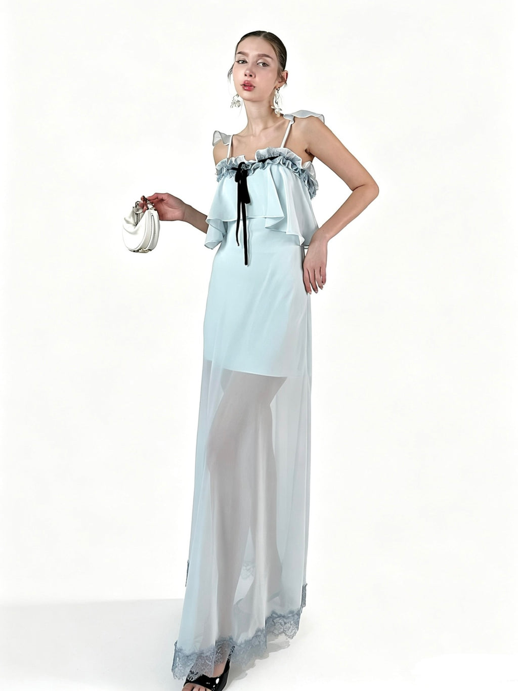 PRE-SALE JQWENTION “Ice Blue Moonlight” Maxi Dress – Ruffled Camisole Design with Sheer Lace-Trimmed Skirt