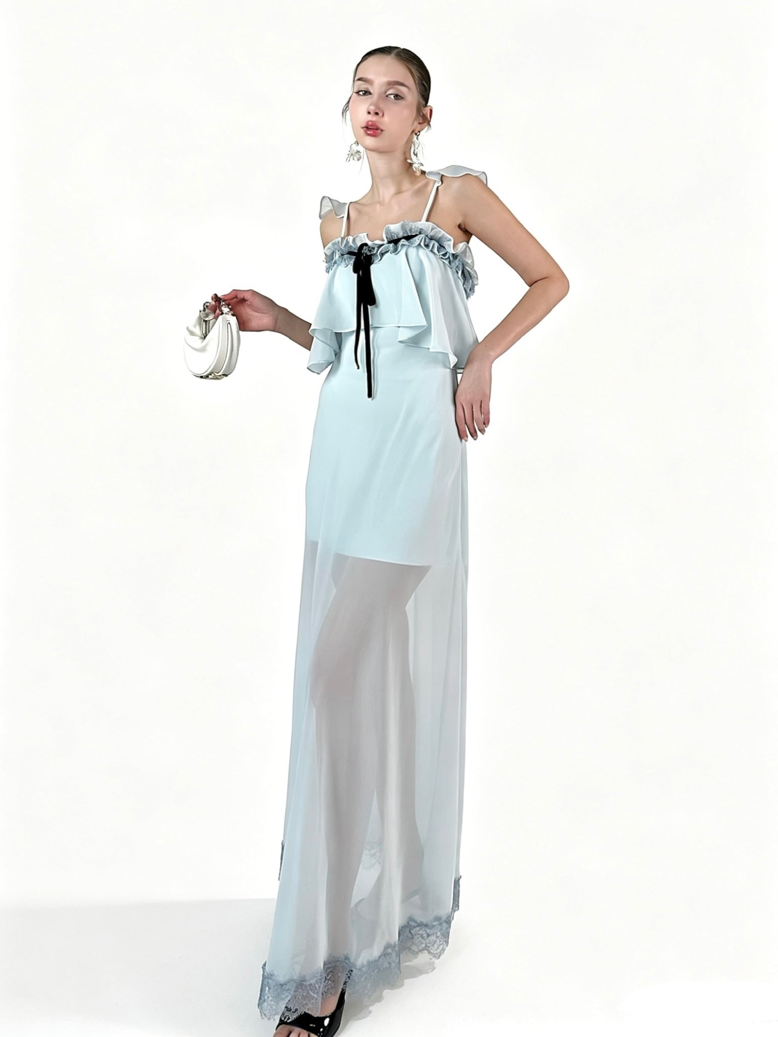 PRE-SALE JQWENTION “Ice Blue Moonlight” Maxi Dress – Ruffled Camisole Design with Sheer Lace-Trimmed Skirt