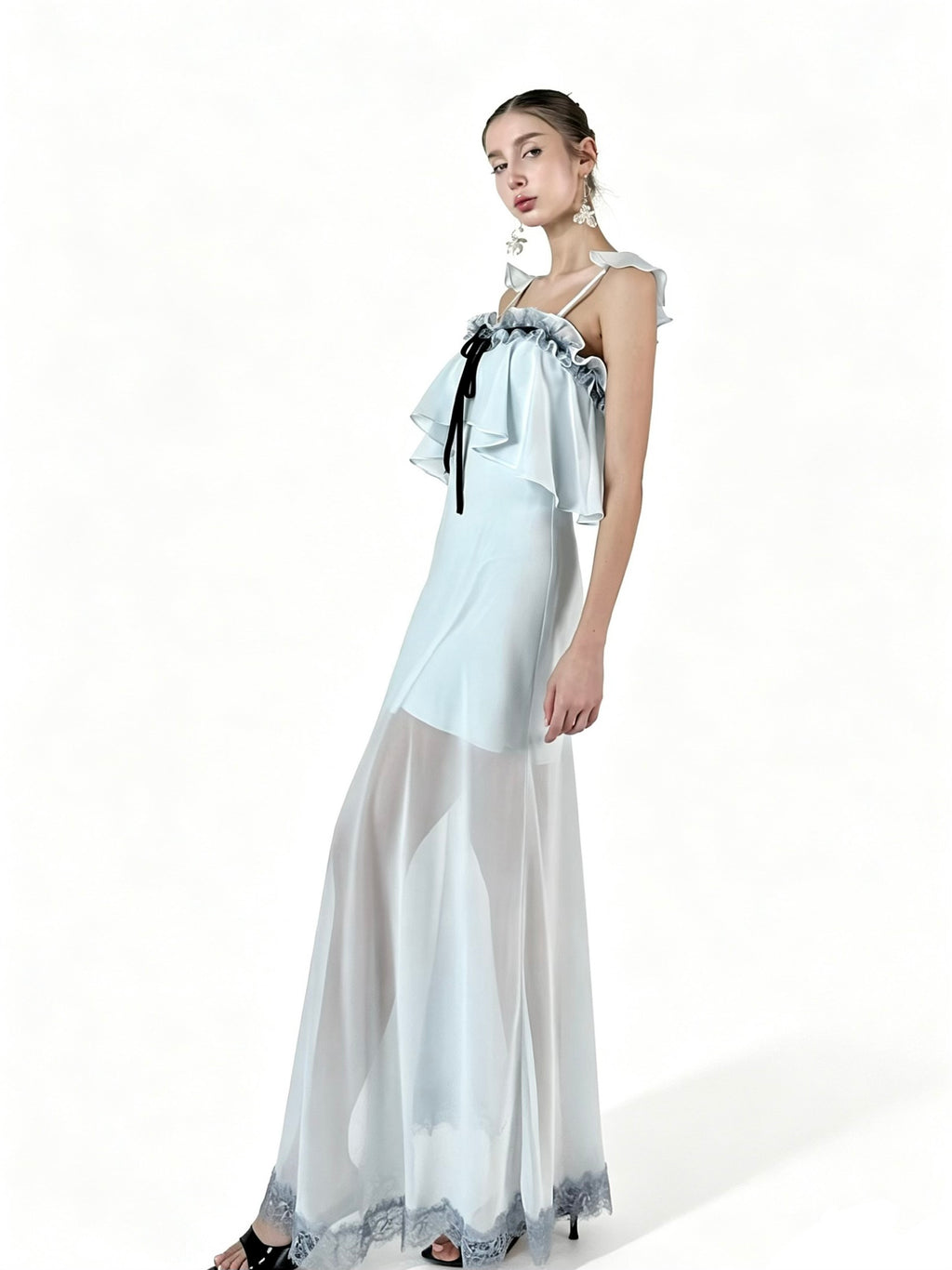 PRE-SALE JQWENTION “Ice Blue Moonlight” Maxi Dress – Ruffled Camisole Design with Sheer Lace-Trimmed Skirt