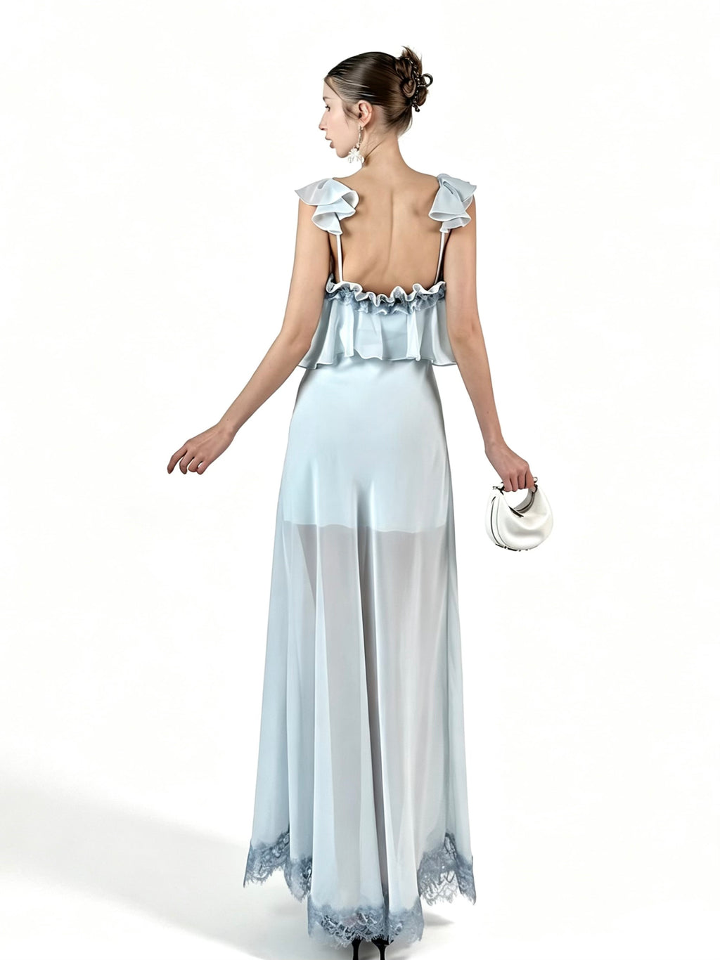 PRE-SALE JQWENTION “Ice Blue Moonlight” Maxi Dress – Ruffled Camisole Design with Sheer Lace-Trimmed Skirt